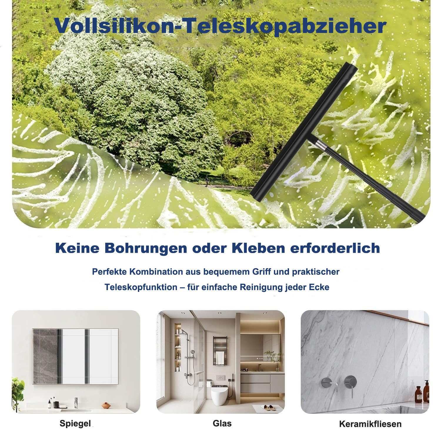 Coonoor Duschabzieher Teleskop-Duschabzieher aus Silikon mit Edelstahlkern, Fenster, Bad & Dusche streifenfrei reinigen – Bild 3 von 5