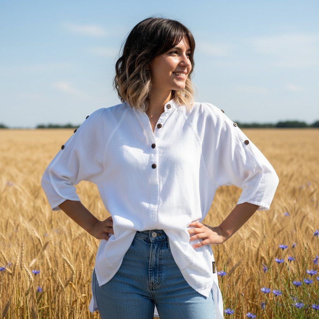 Guru-Shop Longbluse Bequeme Baumwoll-Tunikabluse mit Kokosknöpfen,..