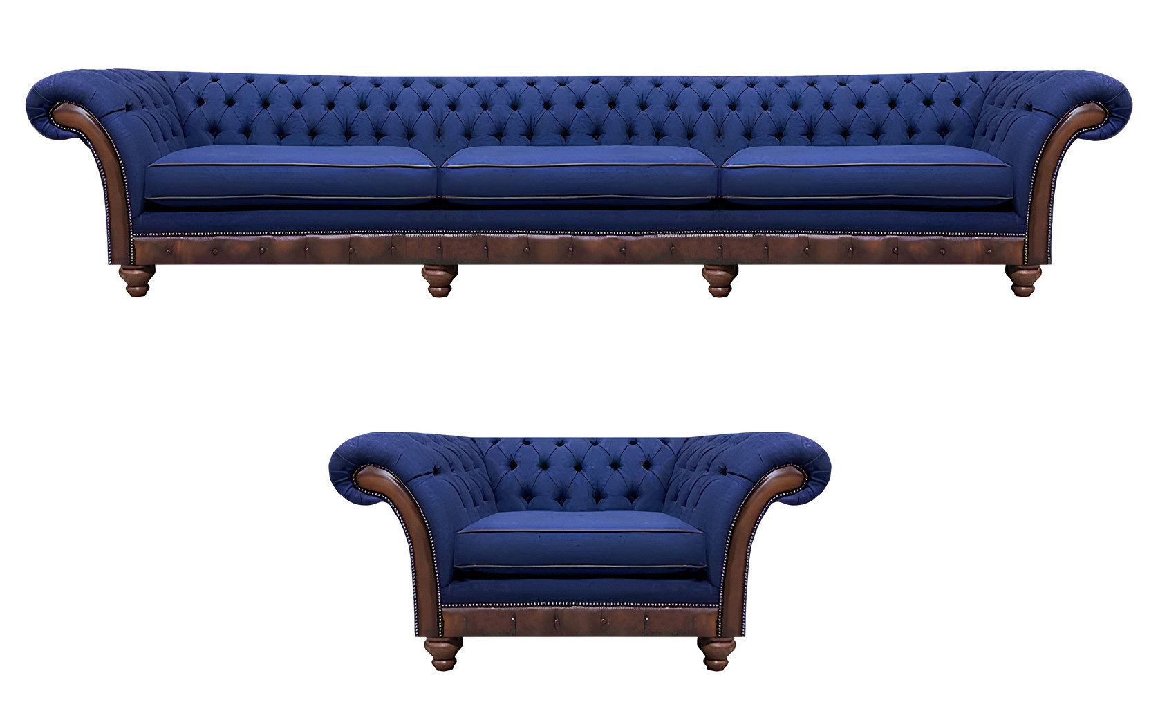 Xlmoebel Chesterfield-Sessel Blaues Chesterfield Sofa mit passendem Stoffsessel (2tlg Wohnzimmer Set (Sofa 3 Sitzer + Sessel), Hergestellt in Europa