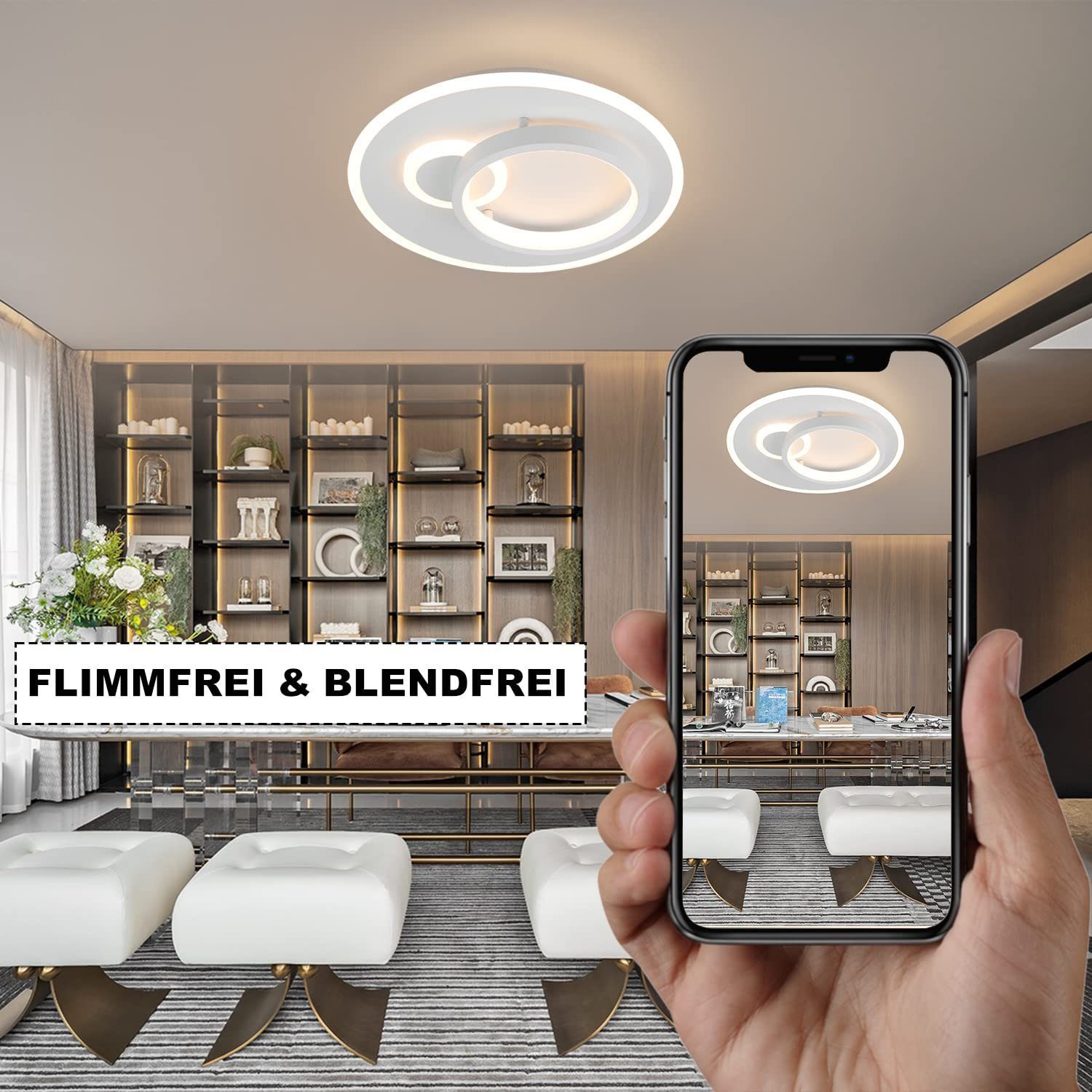 ZMH LED Deckenleuchte Tageslichtweiß, integriert, Design Wohnzimmerlampe, 33W, LED Weiß fest Fernbedienung Modern mit