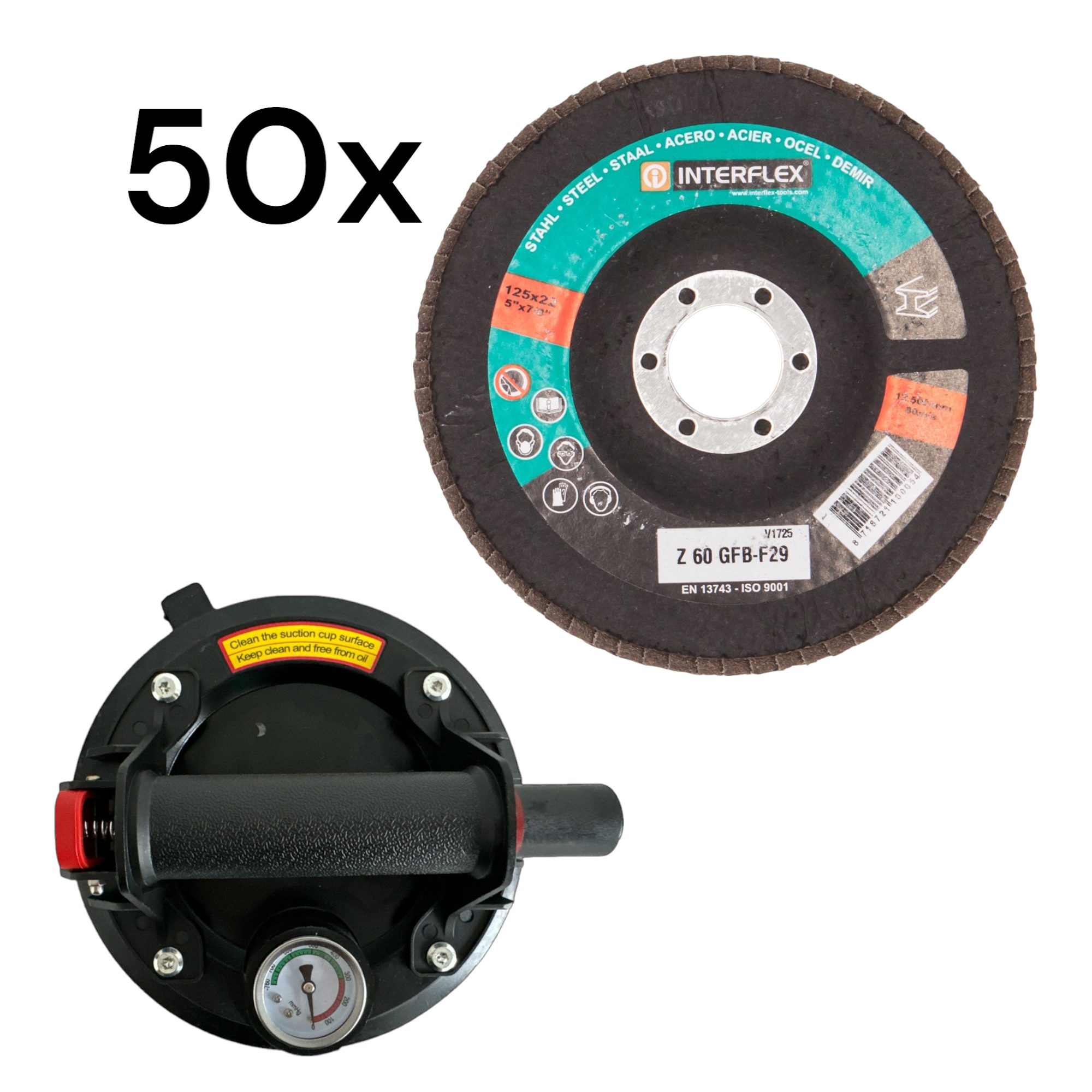 Plattenheber Vakuum Saugnapf + 50x Fächerschleifscheibe 125mm Korn 60, -]