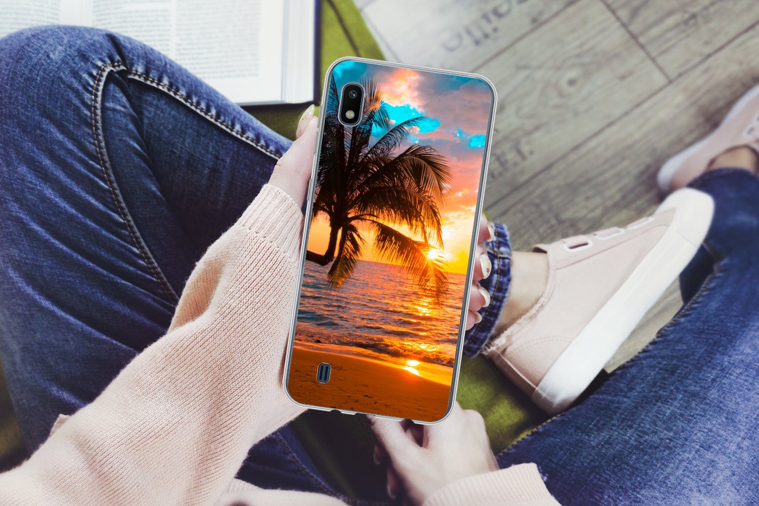 MuchoWow Handyhülle für Samsung Galaxy A10 Palme - Sonnenuntergang - Horizont - Strand - M, Smartphone-Bumper, Print, Handy Schutzhülle Dünn