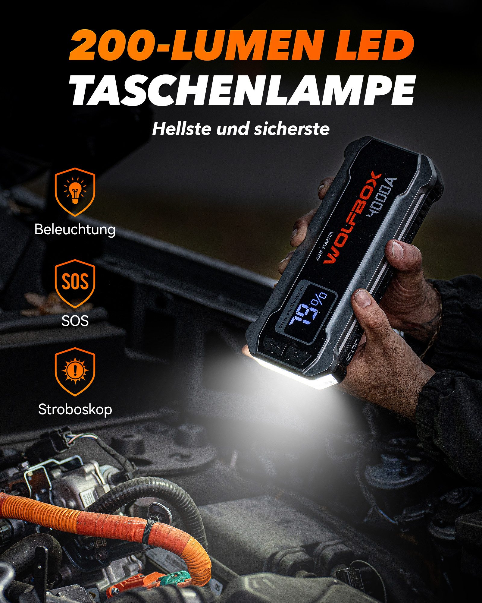 WOLFBOX 12V 3000A Starthilfe (unterstützt bis zu 8L Benzin oder 6L Diesel) Starthilfegerät (12 V, 1 St), mit Booster und LED-Taschenlampe – Bild 4 von 5