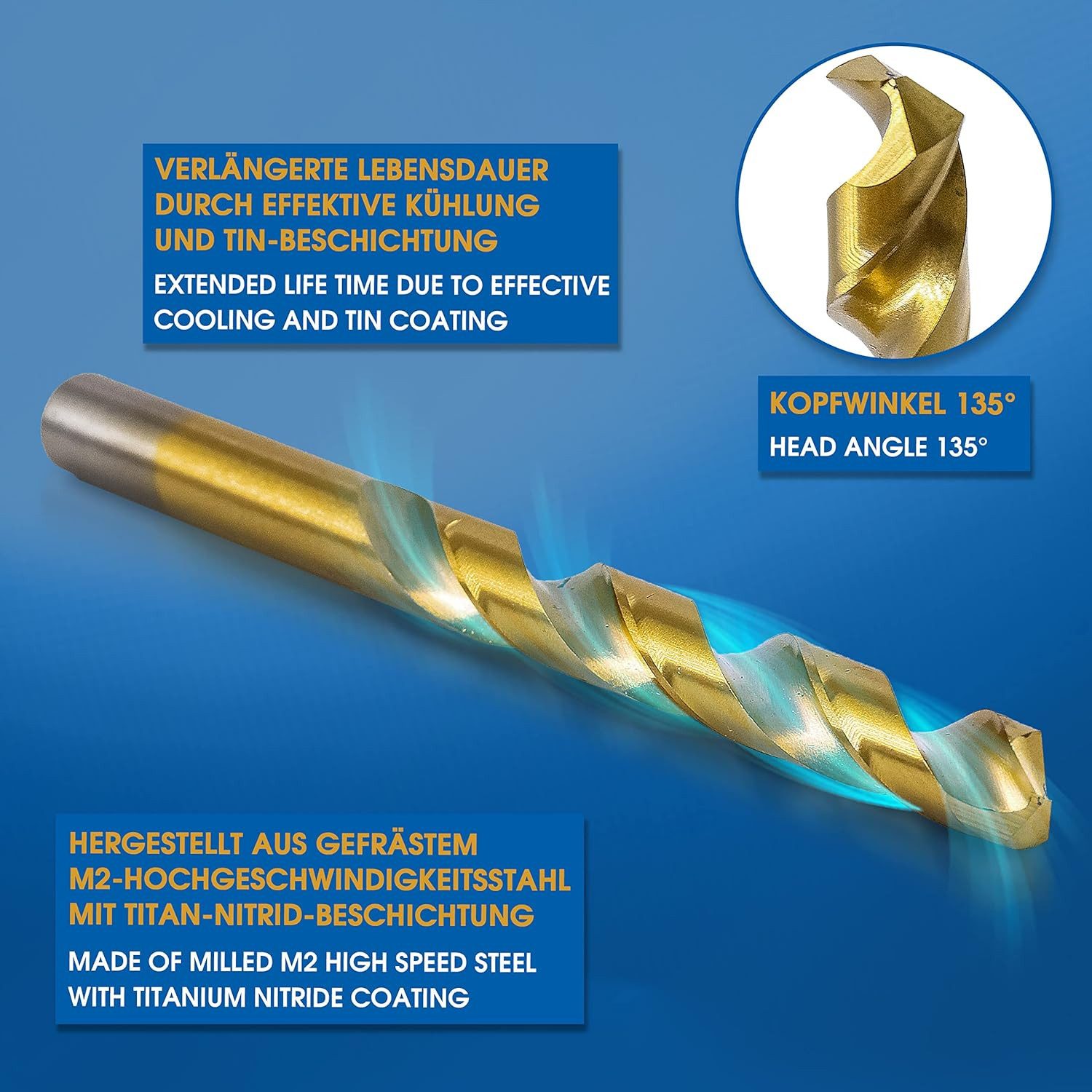 S&R Metallbohrer in Industrie-Qualität, HSS-G TITANIUM Stahlbohrer,extra hohe Standzeit, (Set, 19-tlg: 1,0-10 mm in Industrie-Qualität), DIN 338, 135° Spitzenwinkel, geschliffen, TiN Spiralbohrer Satz