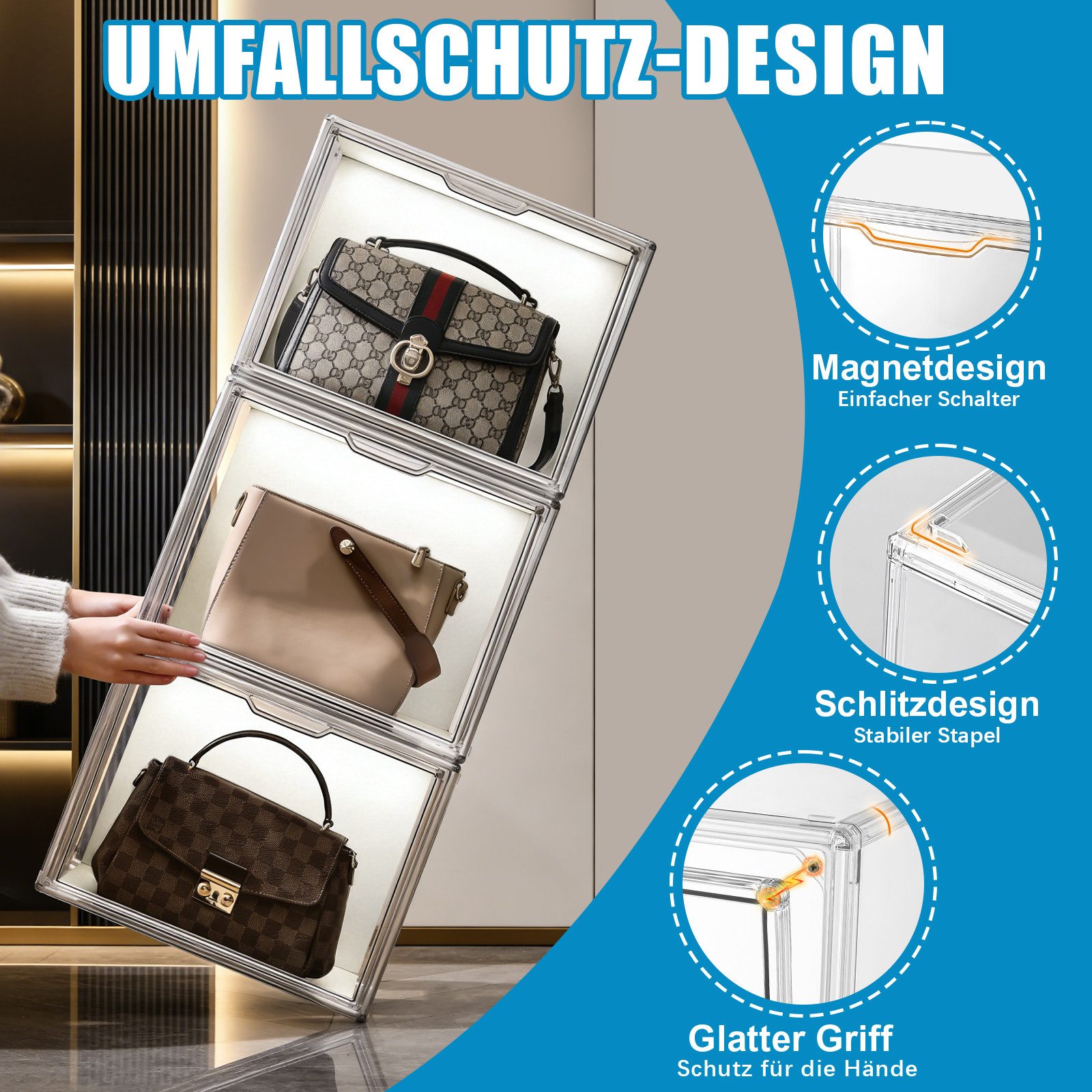 XERSEK Aufbewahrungsbox LED Vitrine Magnettür Spielzeugkiste Sammlervitrine Kosmetikorganizer (Set, 2 St., 36×22×27cm Stapelfähig), für Figuren, Handtaschen, Sp – Bild 5 von 5