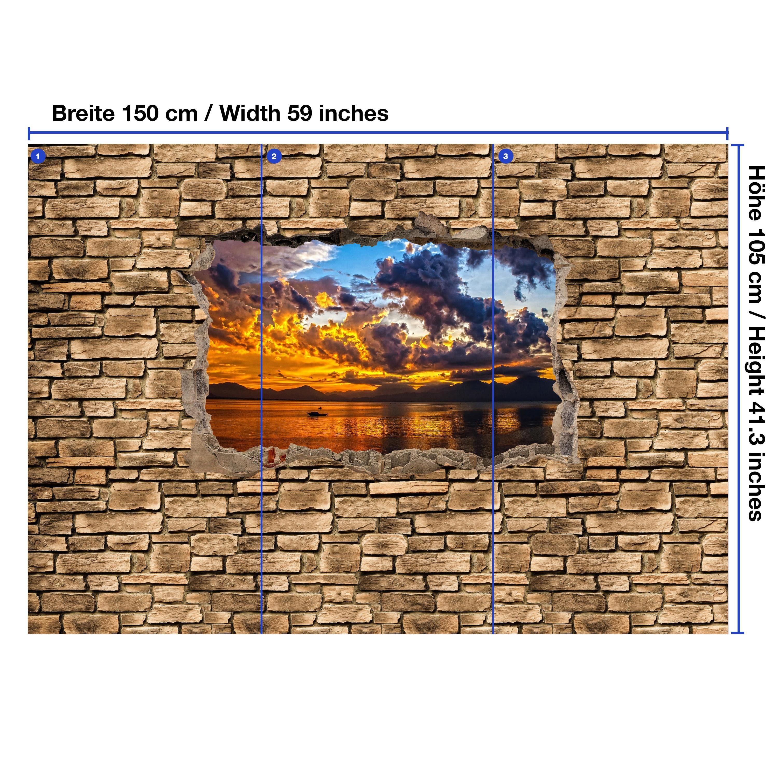 wandmotiv24 Fototapete - Steinmauer, Motivtapete, matt, 3D glatt, Vliestapete Sonnenuntergang- Optik Wandtapete