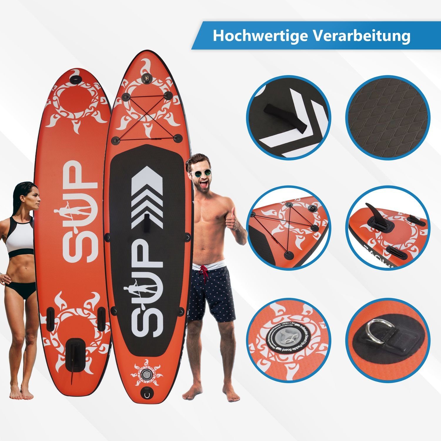 24Move SUP-Board Supboard Set, Premium Stand Up Paddleboard aufblasbar, inkl. Zubehör, Longboard, (Rucksack, Paddel, Action Cam ready, Doppelhub Pumpe, Sicherungsleine, 6 tlg), mit Drop Stich Technologie und Anti-Rutsch Oberfläche