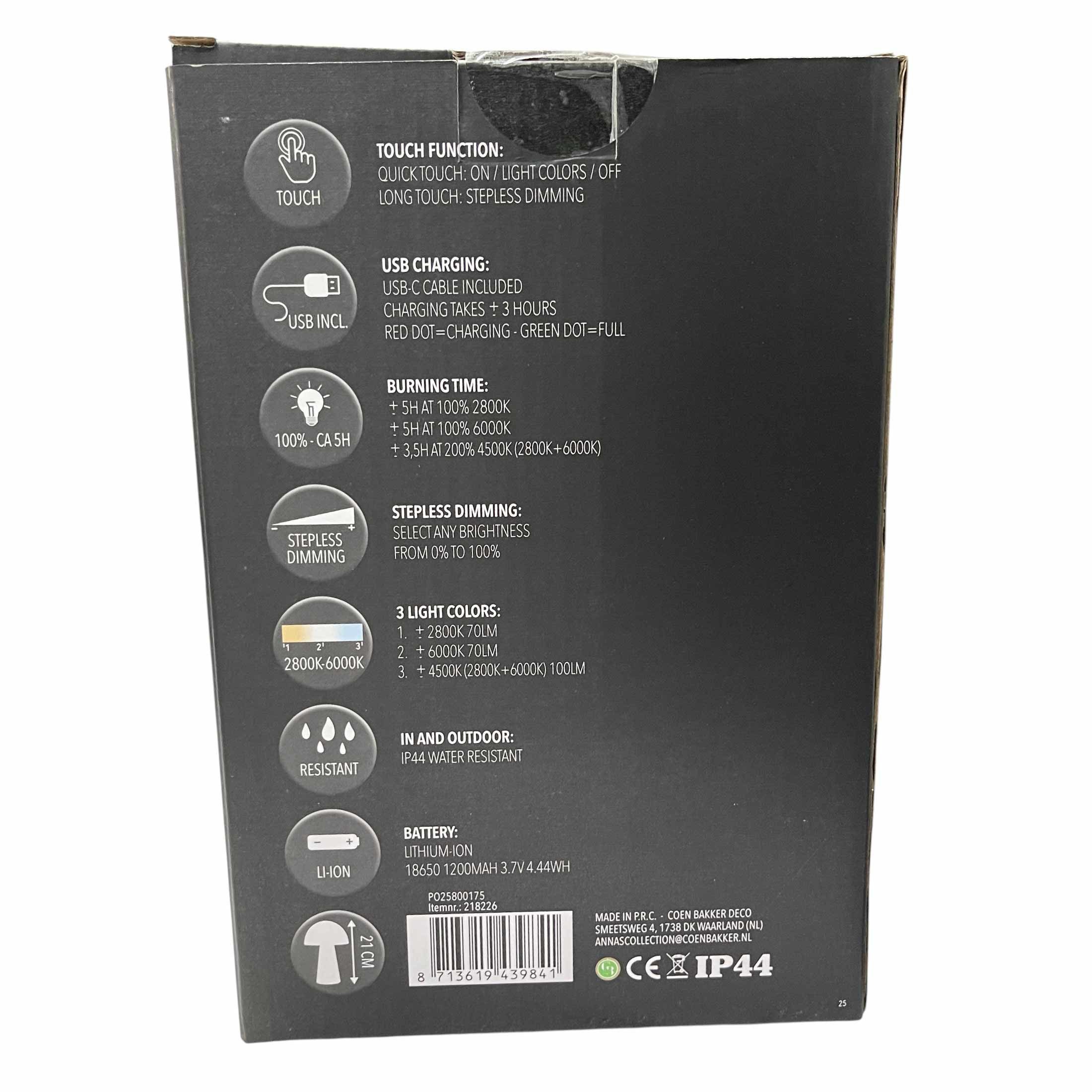 Coen Bakker Deco BV LED Tischleuchte Portable Light, Dimmfunktion, LED, warmweiß, kaltweiß, neutralweiß, außen USB touch Pilz 3 Lichtfarben dimmbar oliv