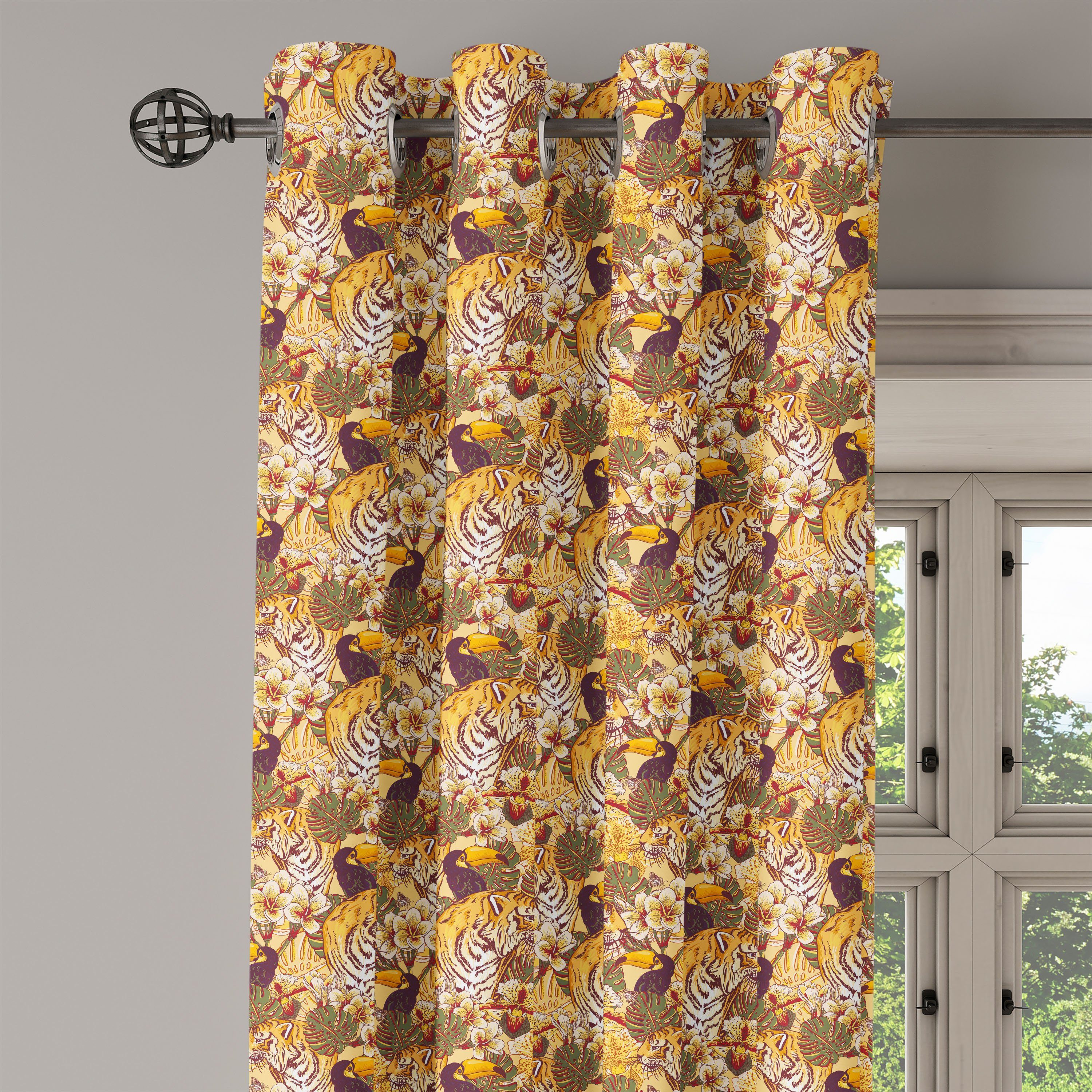 für 2-Panel-Fenstervorhänge Abakuhaus, Bengal Gardine Dekorative Wohnzimmer, Tropical Schlafzimmer Tiger Toucan