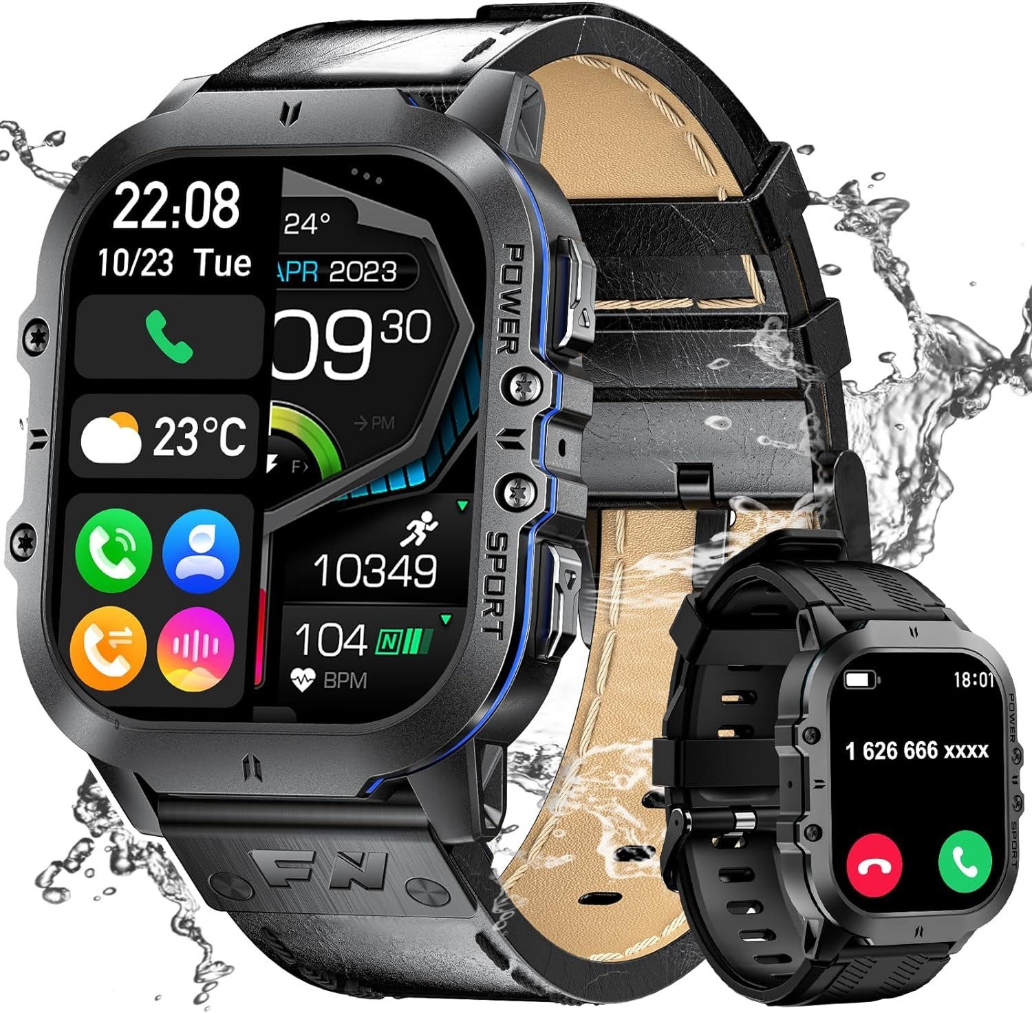 FoxBox Smartwatch (1,96 Zoll, Android iOS), Heren mit Telefonfunktion AMOLED Display Fitness Militär 100+Sportmodi