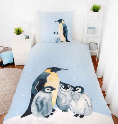 Kinderbettwäsche Biber Bettwäsche Set mit Pinguin 135 x 200 cm 80 x 80 cm 100% Baumwolle, Herding