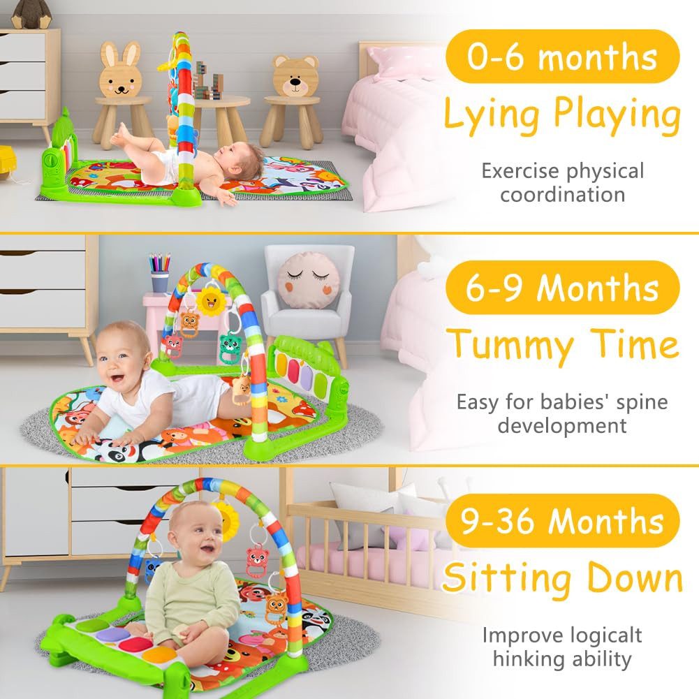 ZEUOPQ Spielbogen Baby Gym Frame Musikalisches Pedalklavier Neugeborenes Baby Klavierspielmatte Tragbar und bequem Muster fur Tierfamilien gruner