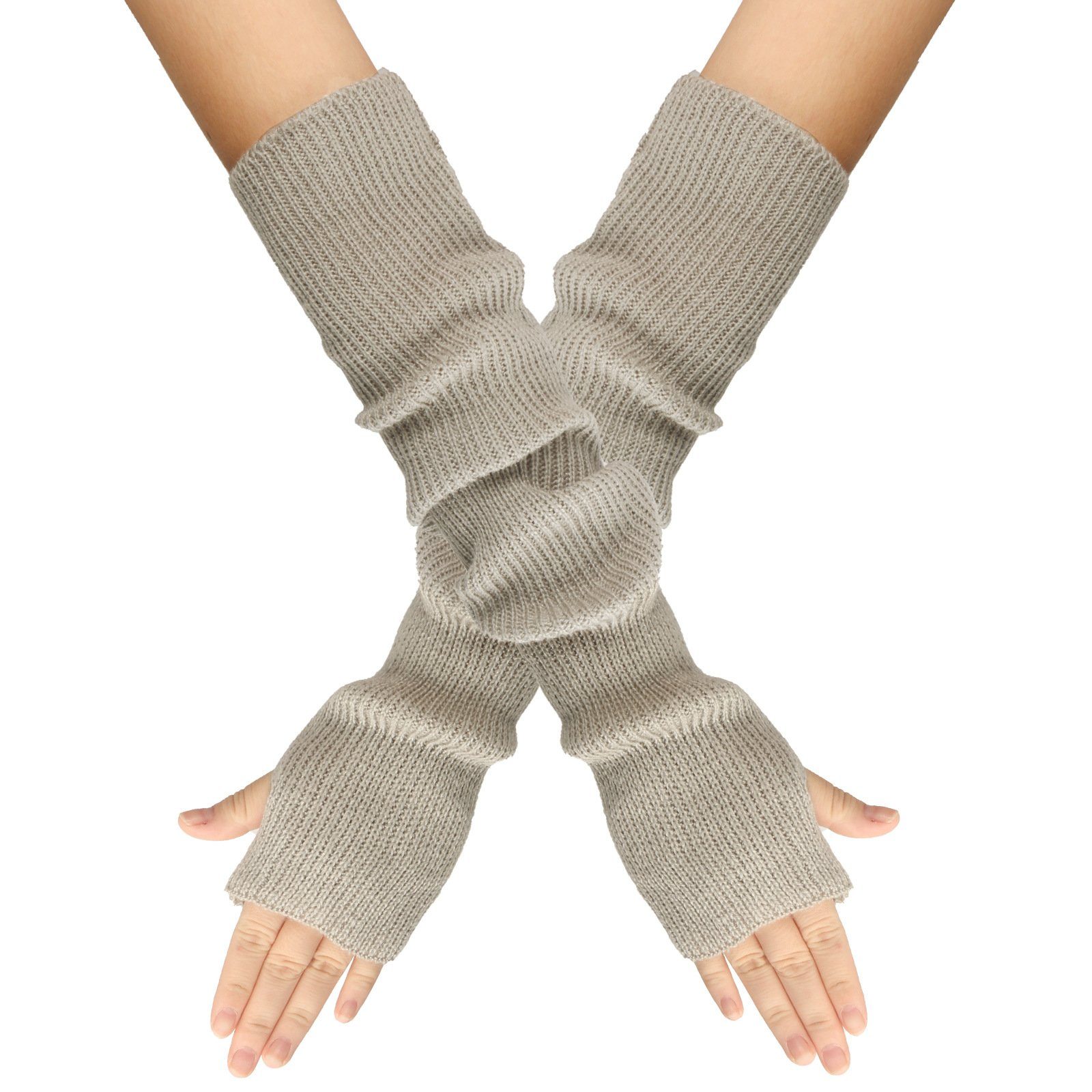 XDeer Handschuhe,Winter Damen Strickhandschuhe Fingerlose gray+beige Stricken Armstulpen für Paar Lange mit Daumenloch Halbfingerhandschuhe 2