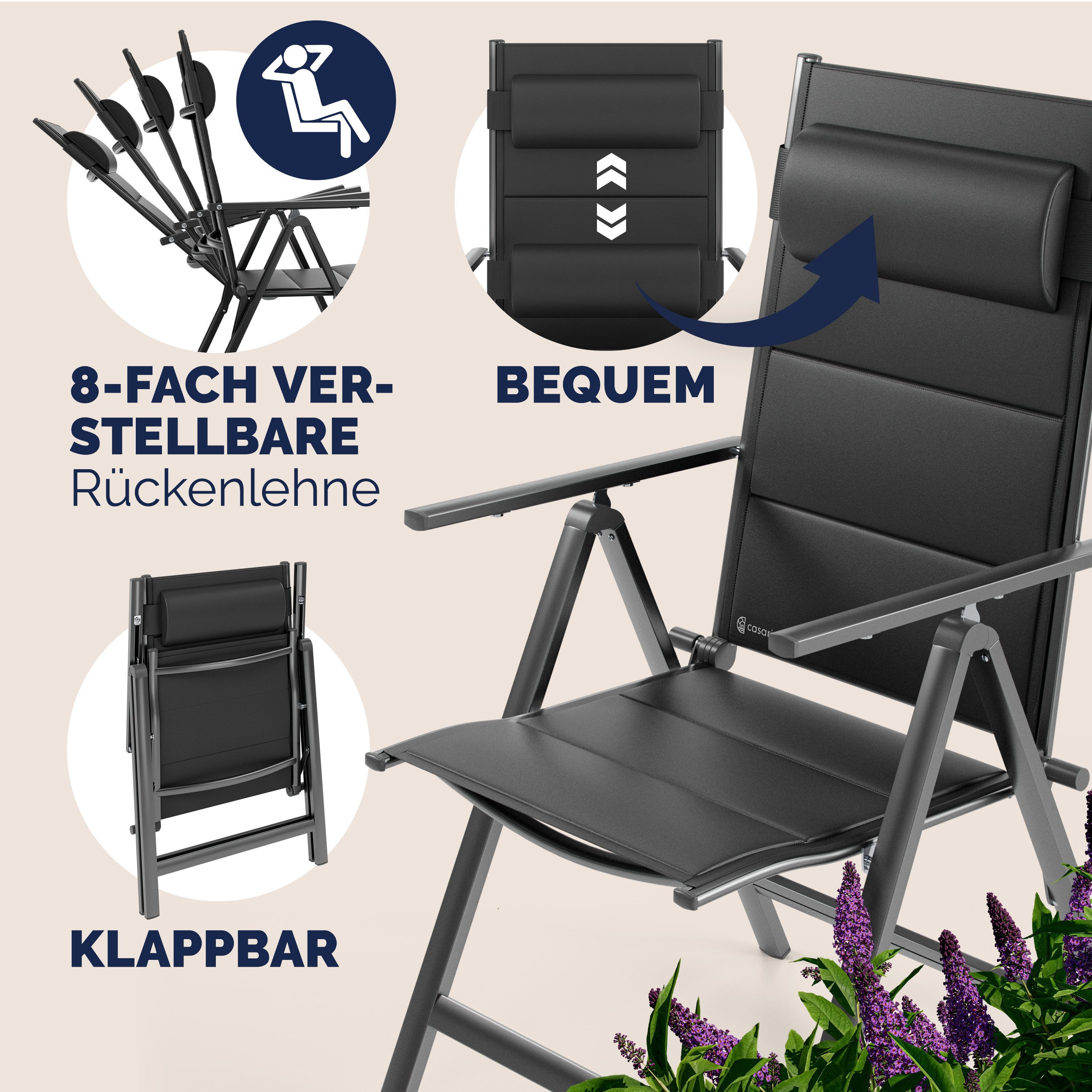 Casaria Gartenstuhl Bern Premium (2 St), Lehne 8-Fach Verstellbar Alu Gepolstert 120kg Belastbarkeit Wetterfest
