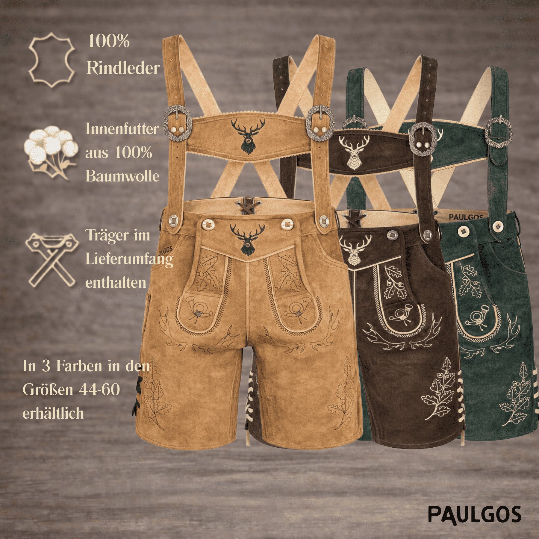 PAULGOS Trachtenhose Herren Lederhose Kurz mit Trägern 100% Echtleder - HK5 – Bild 4 von 5