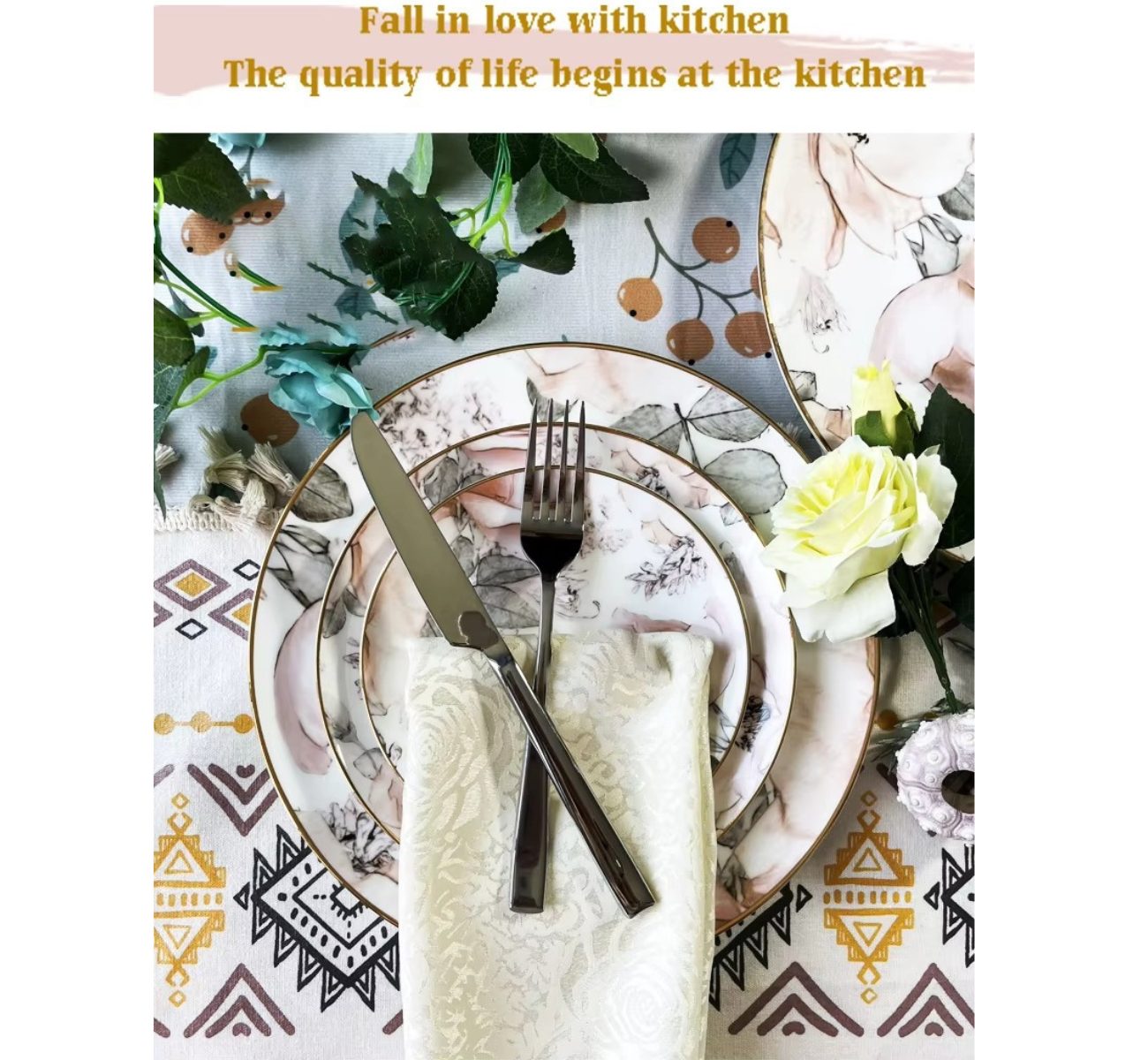 Quality Elegance Speiseteller Luxury Pink Floral 4-Pcs Elegantes Geschirrset