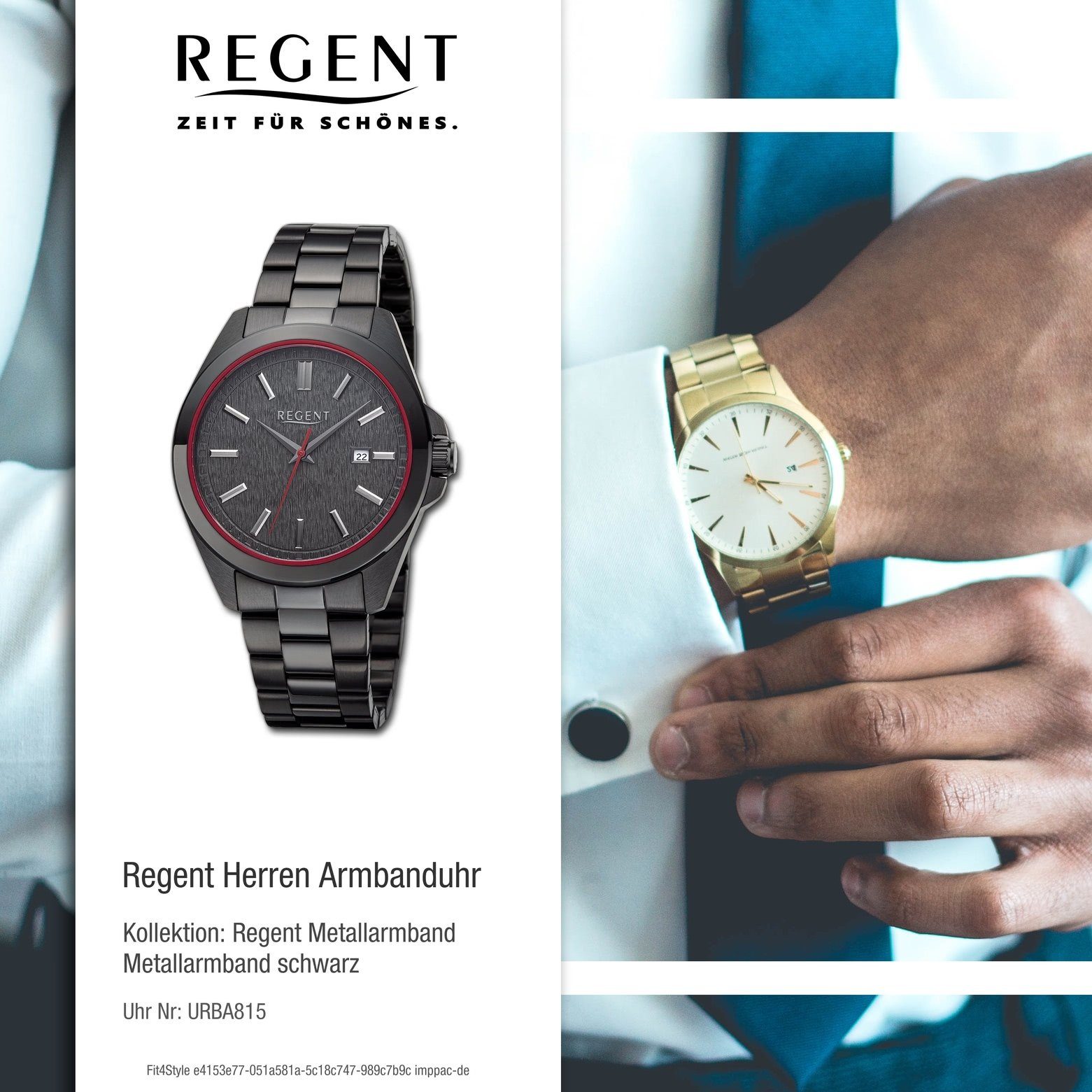 Armbanduhr groß extra Regent Herren (ca. Metallarmband Herren rot 41mm), Quarzuhr Armbanduhr Regent Analog, rund,