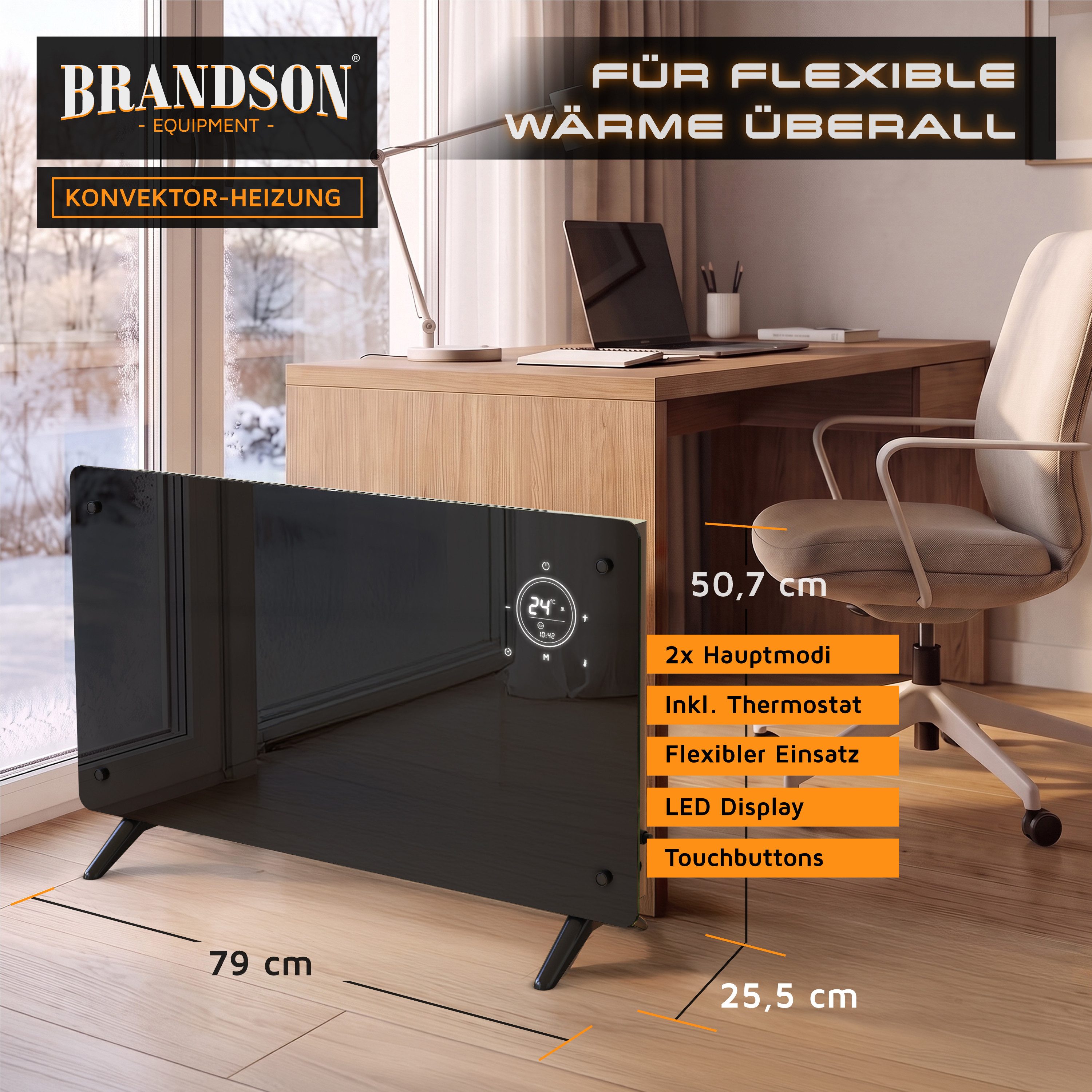 Brandson Konvektor Elektroheizung mit Glasfront schwarz, Wochenprogramm, Fernbedienung, 2000 W, Comfort-, ECO- & Frostschutz-Modus, 15-50 °C, 24h-Timer – Bild 2 von 5