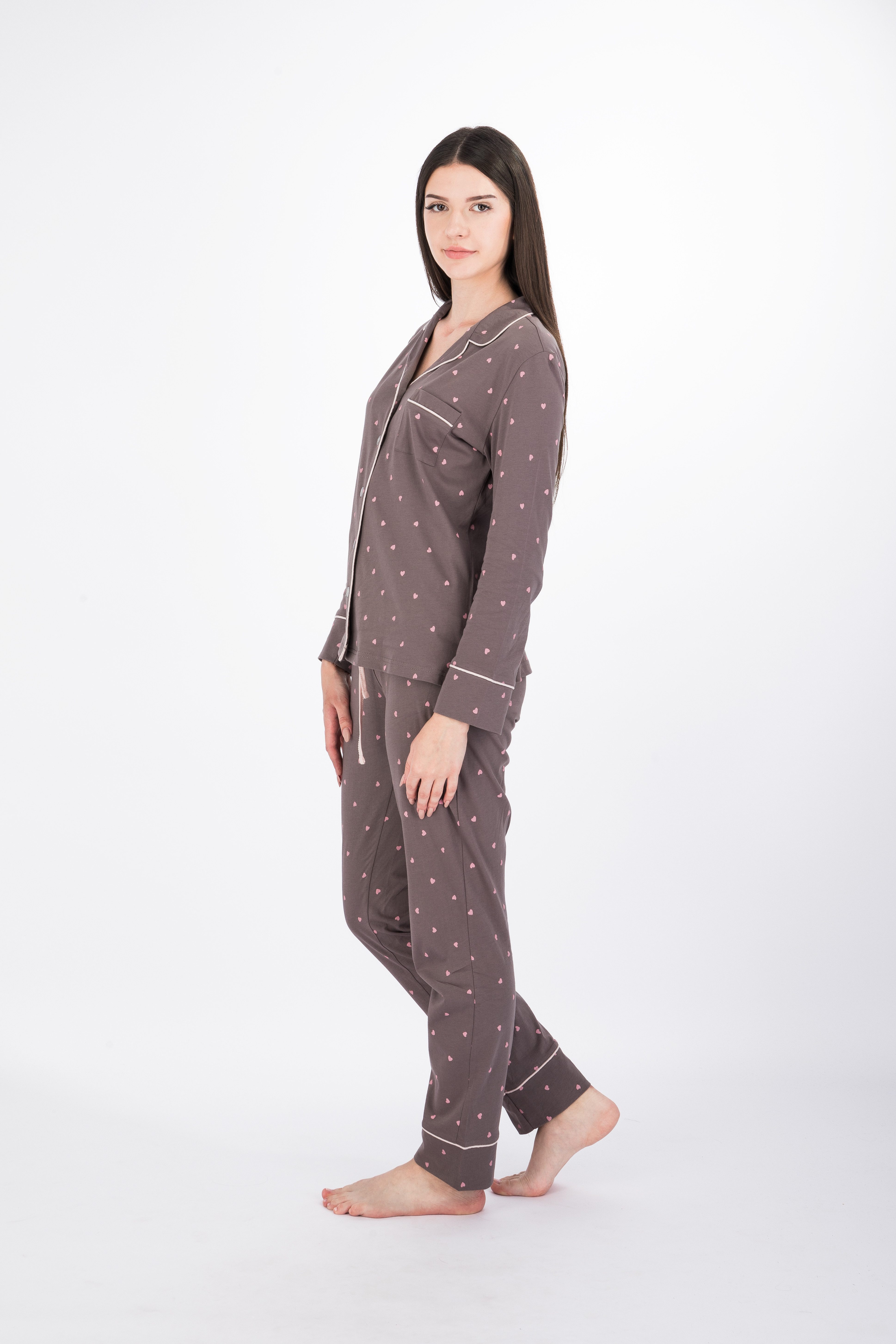SNOOZE OFF Pyjama Schlafanzug in mauve mit rosa Herzen (2 tlg., 1 Stück) und Kontrastpaspeldetails – Bild 4 von 5