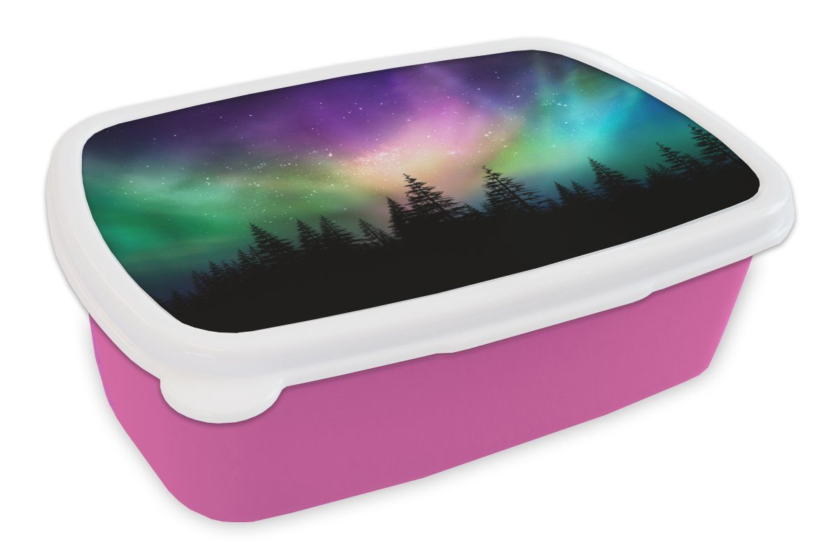 MuchoWow Lunchbox Nordlicht - Sternenhimmel - Wald - Kanada, Kunststoff, (2-tlg), Brotbox für Erwachsene, Brotdose Kinder, Snackbox, Mädchen, Kunststoff rosa