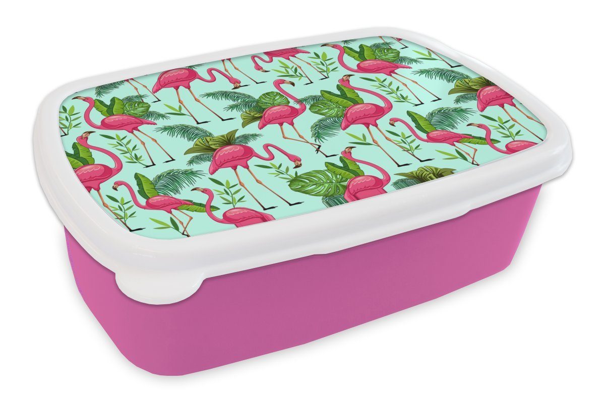 MuchoWow Lunchbox Flamingo - Dschungel - Tiere - Muster, Kunststoff, (2-tlg), Brotbox für Erwachsene, Brotdose Kinder, Snackbox, Mädchen, Kunststoff rosa