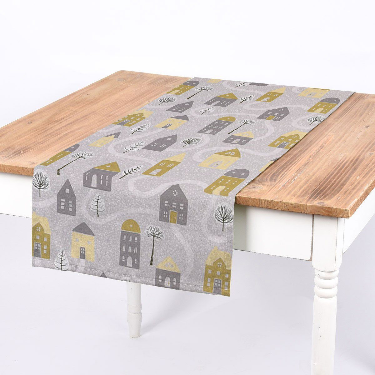 SCHÖNER LEBEN. Tischläufer SCHÖNER LEBEN. Tischläufer Aspen Häuser grau gelb 40x160cm, handmade