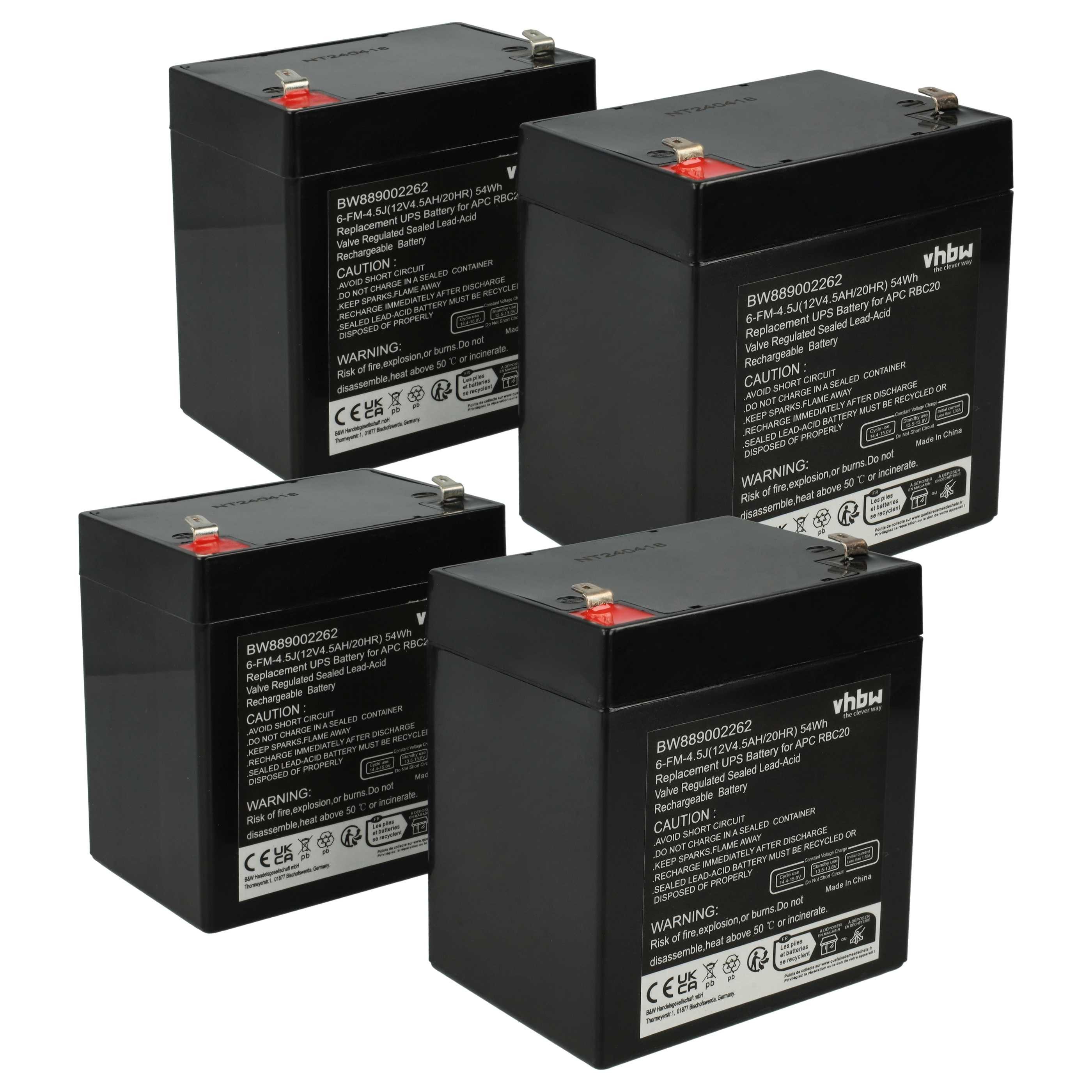 vhbw Akku passend für APC RBC30, BF350-GR, BE 500, DLA2200RMI2U, BF500-GR, Akku Akku AGM 4500 mAh (12 V, 4 St), Leistungsfähige Austausch-Akkus für USV, Wiederaufladbar, Jede