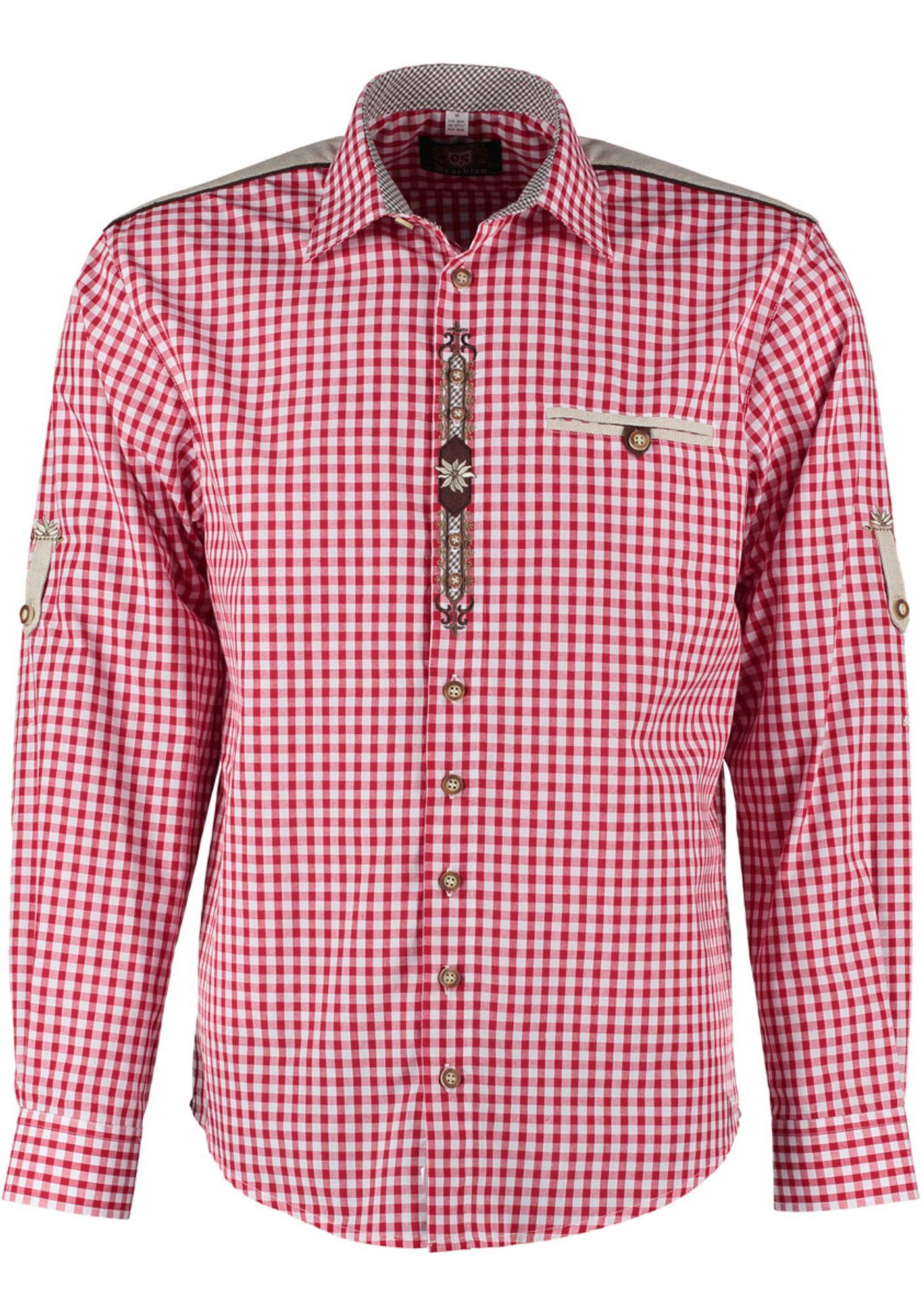 OS-Trachten Trachtenhemd Draker Langarmhemd mit Paspeltasche, Edelweiß-Stickerei auf der Knopfleiste mittelrot | Trachtenhemden