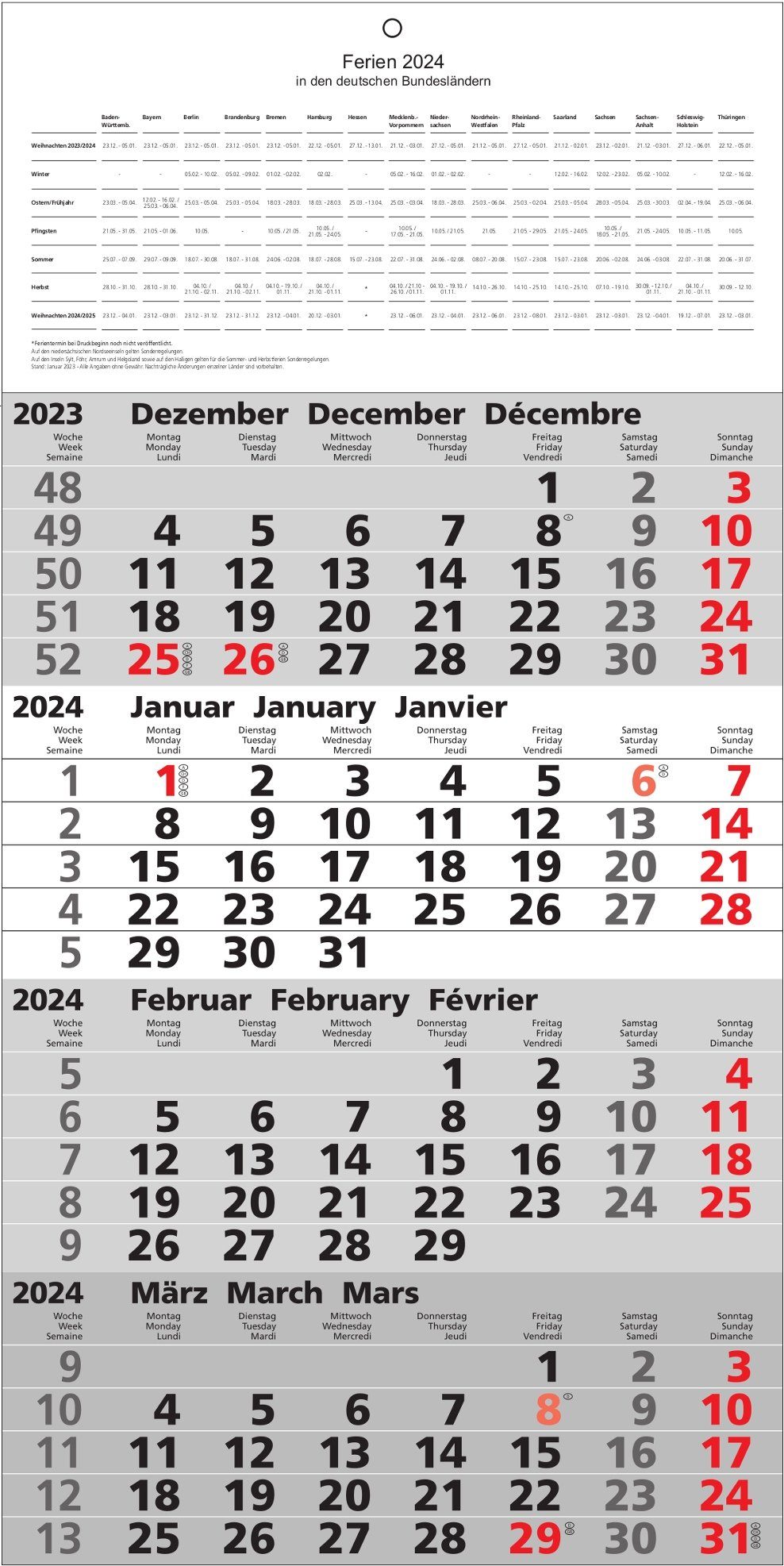 ADINA Schreibtischkalender 2025 ADINA Viermonatskalender 60x30cm mit Tagesanzeiger und Schulferie