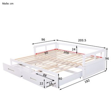 SOFTWEARY Schlafsofa Ausziehbett mit Bettfunktion, inkl. Lattenrost und Schubladen, 90x200 cm/180x200 cm, Holzbett aus Kiefer