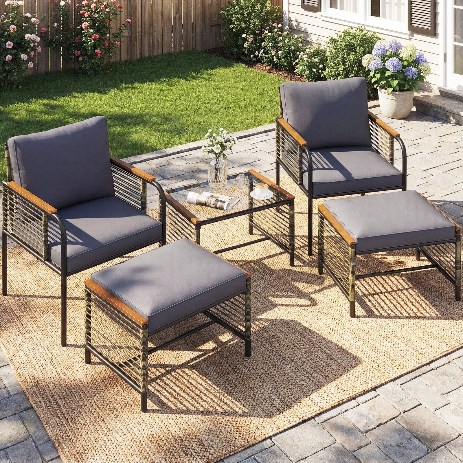 COSTWAY Gartenlounge-Set, (5-tlg), Gartenmöbel mit 2 Sessel, Ottomane, Tisch
