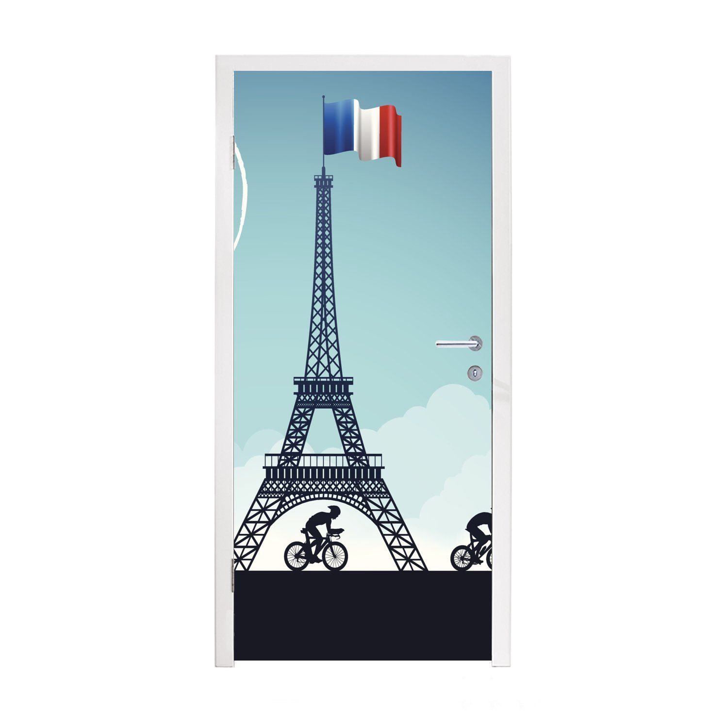 MuchoWow Türtapete Eine Illustration von Radfahrern, die am Eiffelturm vorbeifahren, Matt, bedruckt, (1 St), Fototapete für Tür, Türaufkleber, 75x205 cm
