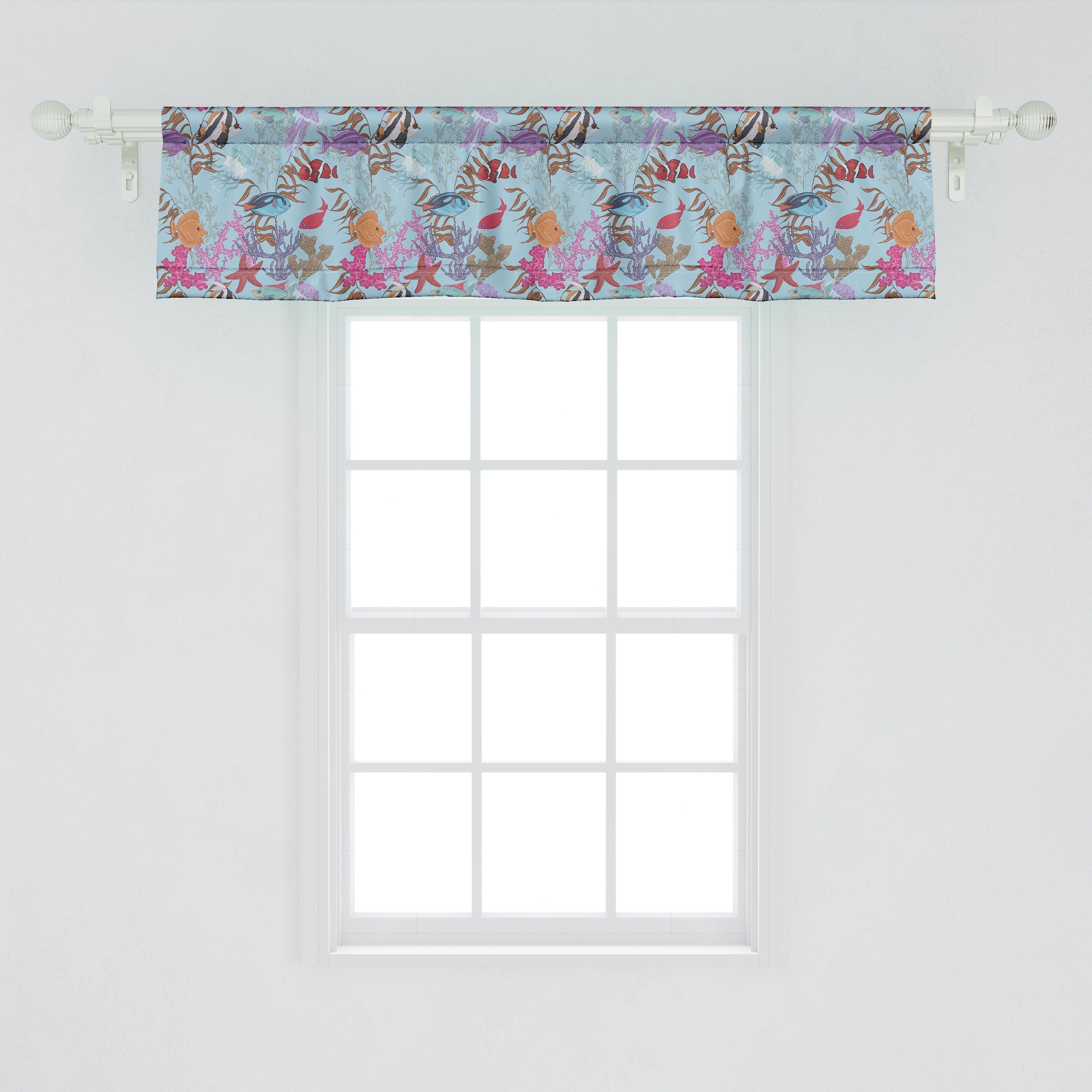 Scheibengardine Vorhang Volant für Küche mit Stangentasche, Unterwasser- Aquatic Dekor Fische Schlafzimmer Abakuhaus, Quallen Microfaser