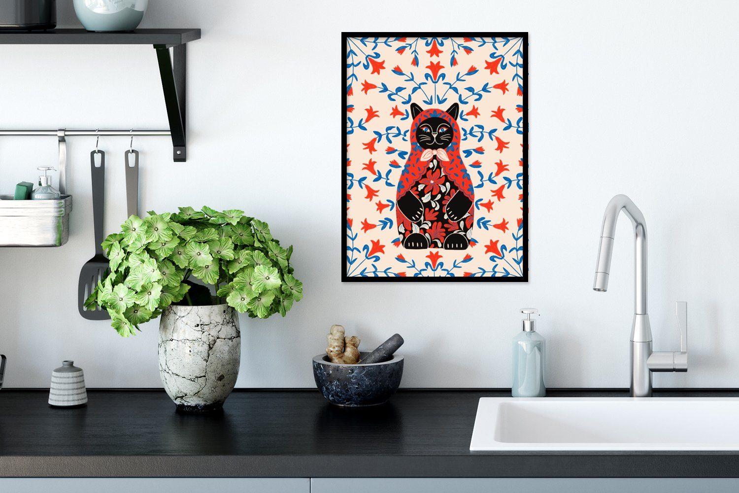 Rahmen, - Poster, Poster St), Katze, Kunstdruck, Matrjoschka Bilderrahmen Blumen (1 - MuchoWow Schwarzem Gerahmtes mit
