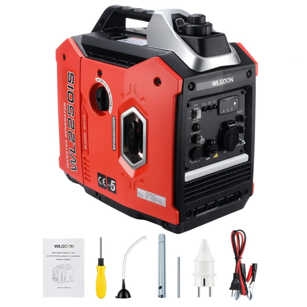 WILGOON Stromerzeuger BS2250IS 4 Takt leise Generator Stromerzeuger Inverter Generator 2000W, 2 in kW, 79,8 cm³, Benzin Generator 230V Steckdose für Camping und Wohnmobile