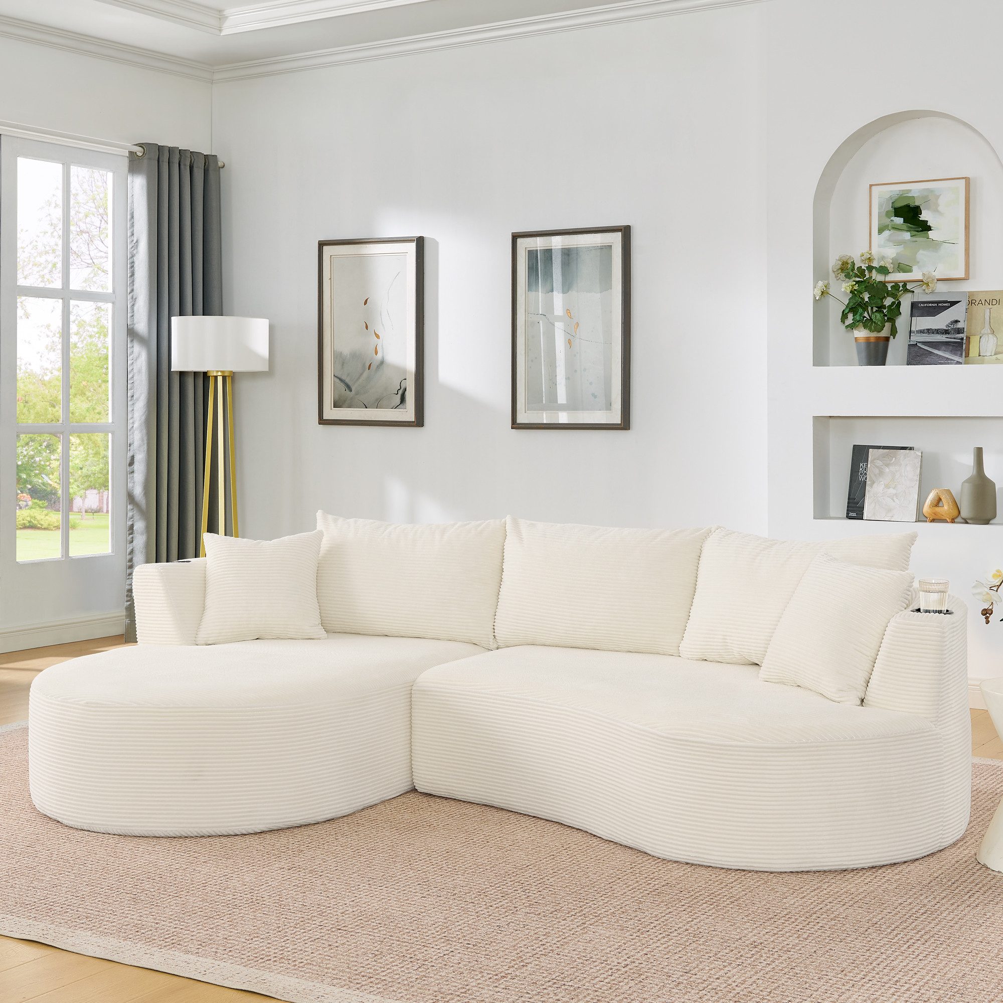 Odikalo 3-Sitzer Sofa Kompressionssofa mit Schlaffunktion, Kordstoff, Linke Chaiselongue + 2-Sitzer, Bogenförmiges Design, weicher Kordstoff, mit Getränkehalter und Kissen, vakuumverpackt, für Wohnzimmer, Hotel, Wohnung und Büro