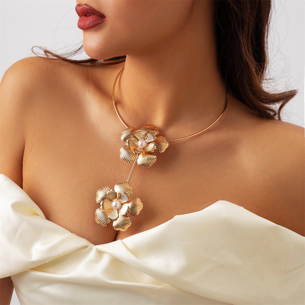 Rouemi Choker Damen-Halskette, 3D-Blumen-Party-Halskette Goldfarben
