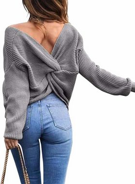 RUZU UG Strickpullover Damen Sexy V-Ausschnitt Pullover, Loose Rückenfrei Fledermaus Rücken