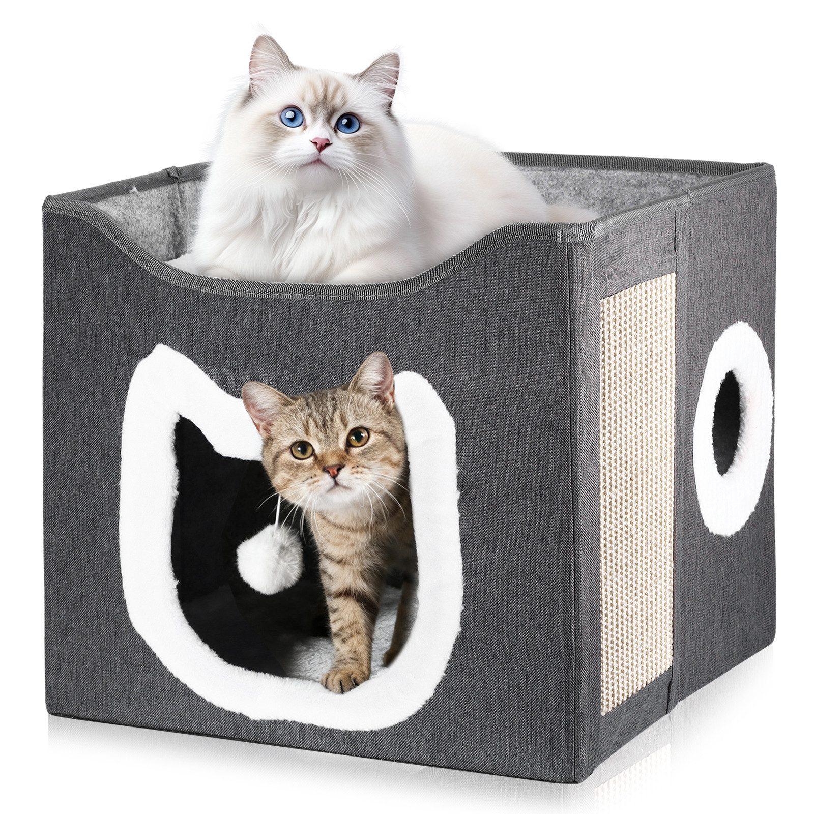 BlingBin Katzenzelt Faltbares 2-Ebenen Katzenhaus mit Kratzbrett und Spielball, große Haustierhöhle für Katzen und Hunde drinnen & draußen