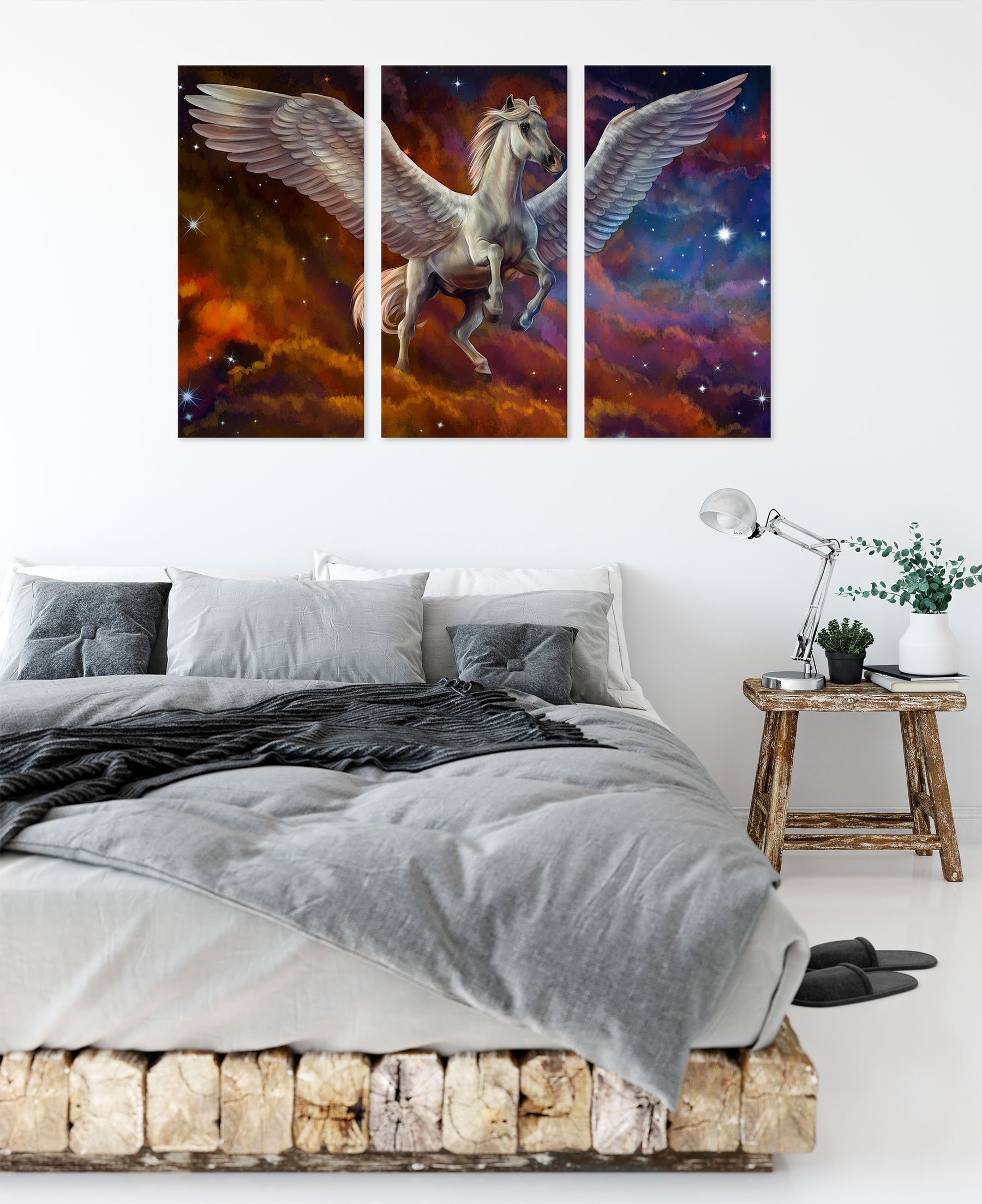 Pegasus inkl. (120x80cm) Pegasus fertig Pixxprint Engelsflügel, 3Teiler bespannt, Zackenaufhänger Weißer mit St), (1 Leinwandbild Engelsflügel Weißer mit Leinwandbild