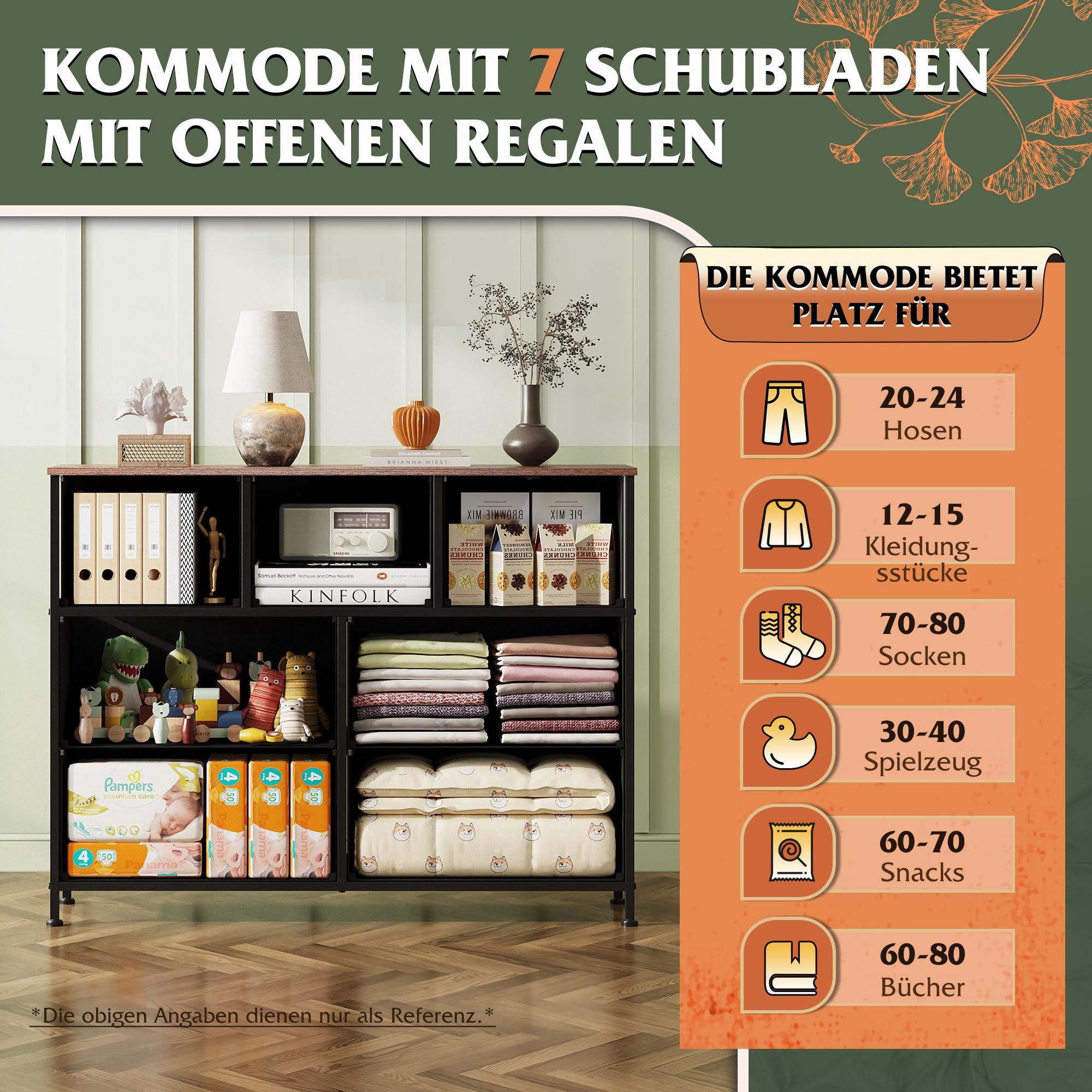 WLIVE Kommode mit 9 Stoffschubladen, Schubladenkommode 100 × 30 × 102 cm (mit 7 Stoffschubladen, Schubladenkommode mit Holzfront, Sideboard 100 cm im Vintage-Look), Stauraumkommode für Schlafzimmer, Wohnzimmer und Flur