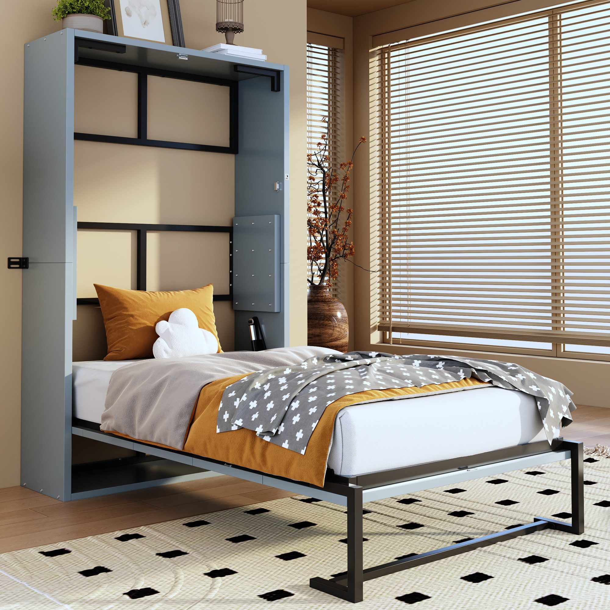 Celya Klappbett Murphy-Bett Kombination aus Metallrahmen und Holzplatte (ohne Matratze, Faltbett 90*200, mit Verriegelbarer Wandbefestigung) perfekt für Apartments, Studios oder Gästezimmer