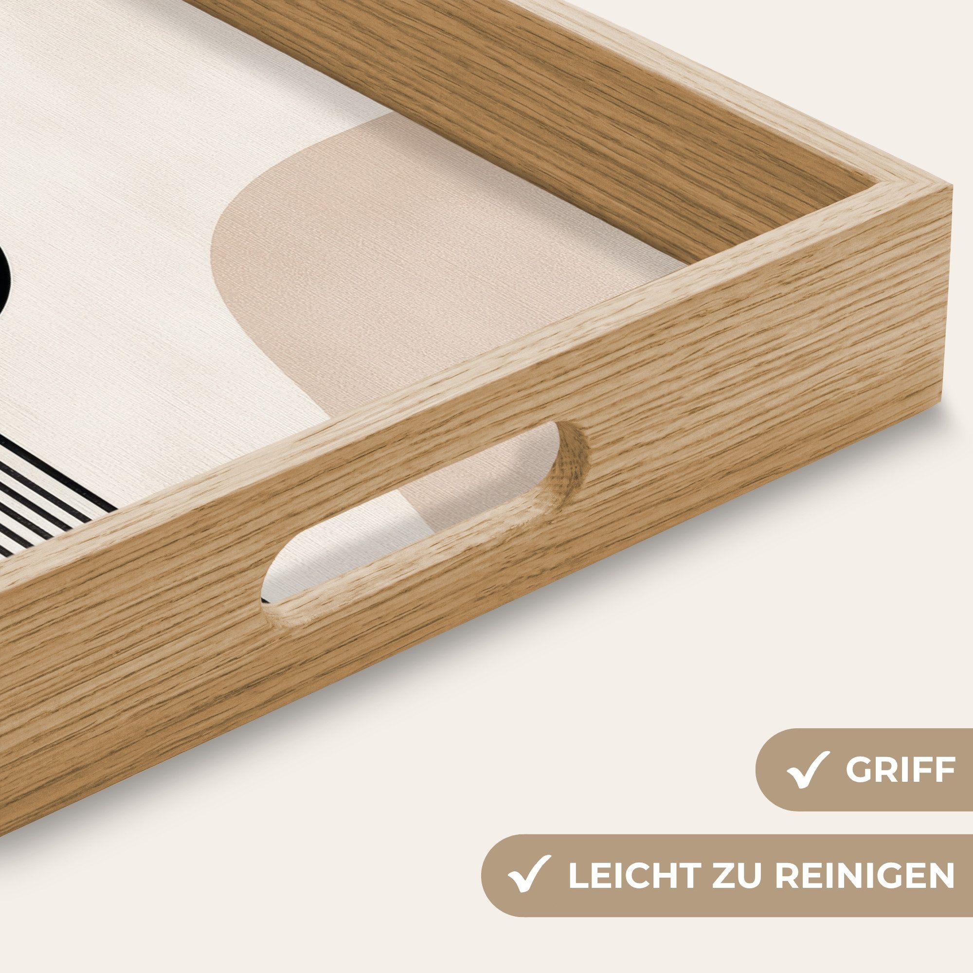 OnlyWow Tablett Rechteckig mit Henkel Abstrakt - Japandi - Beige - Modern, Eichenholz, (1-tlg), Siervierplatte, Tray, Frühstücksbrett