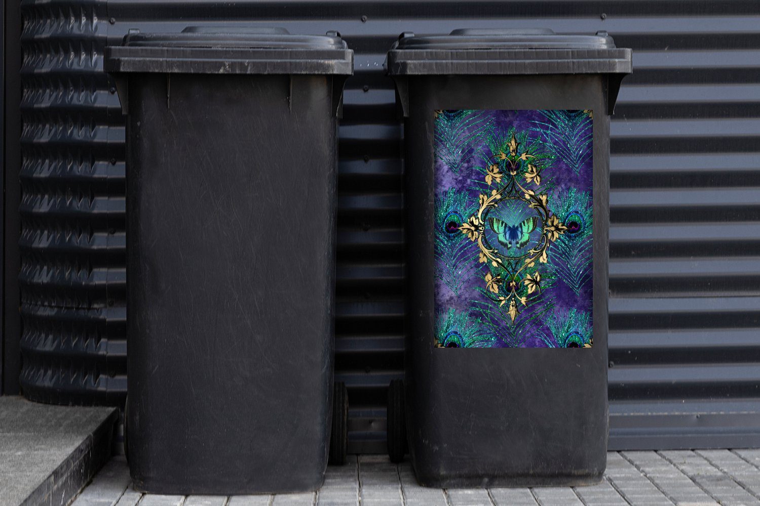 MuchoWow Wandsticker Schmetterling - Container, Pfauenfeder Mülleimer-aufkleber, Mülltonne, Violett Sticker, (1 - Abfalbehälter St)