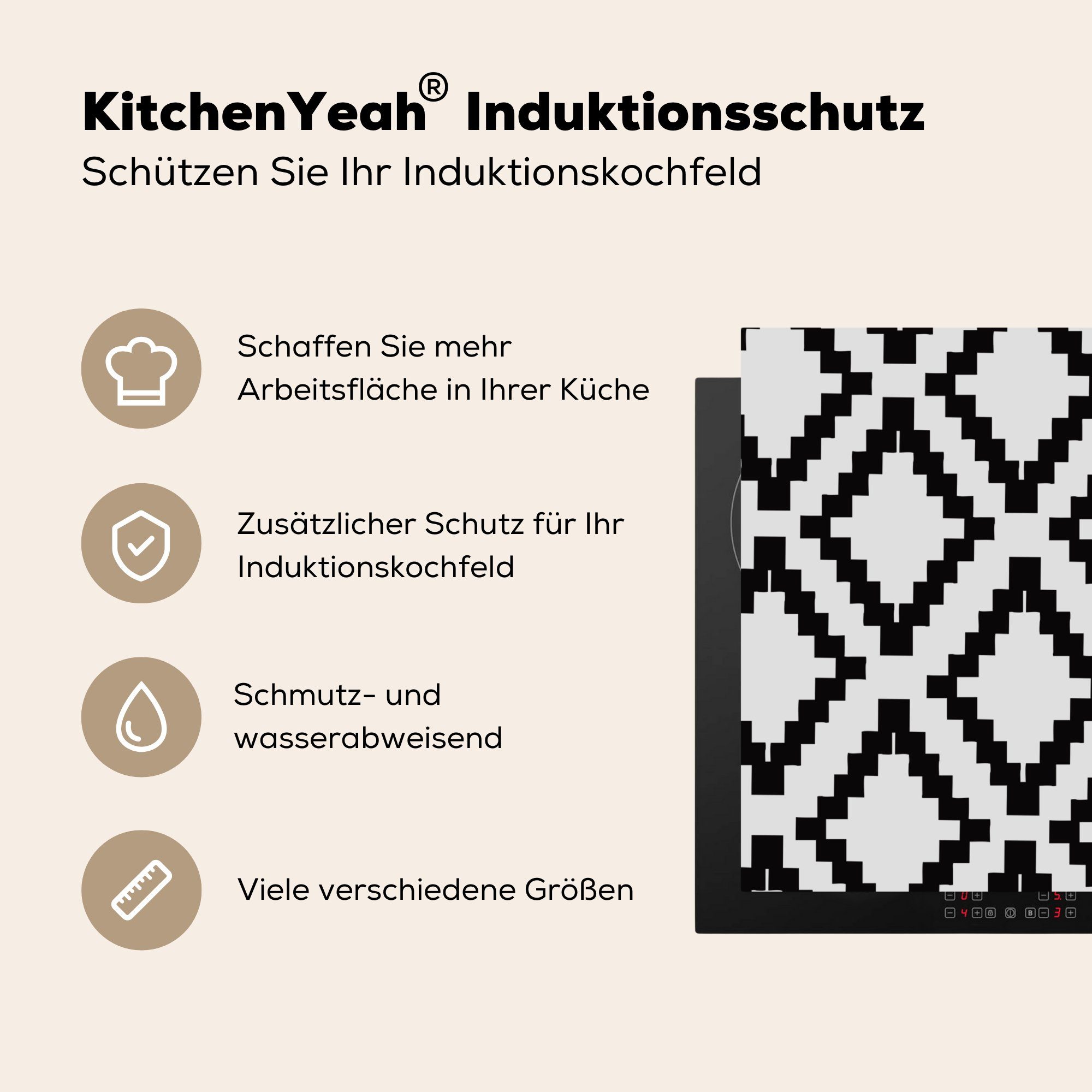 MuchoWow küche Block Vinyl, Muster (1 Schwarz, - Herdblende-/Abdeckplatte Arbeitsplatte Ceranfeldabdeckung, tlg), cm, für - 78x78