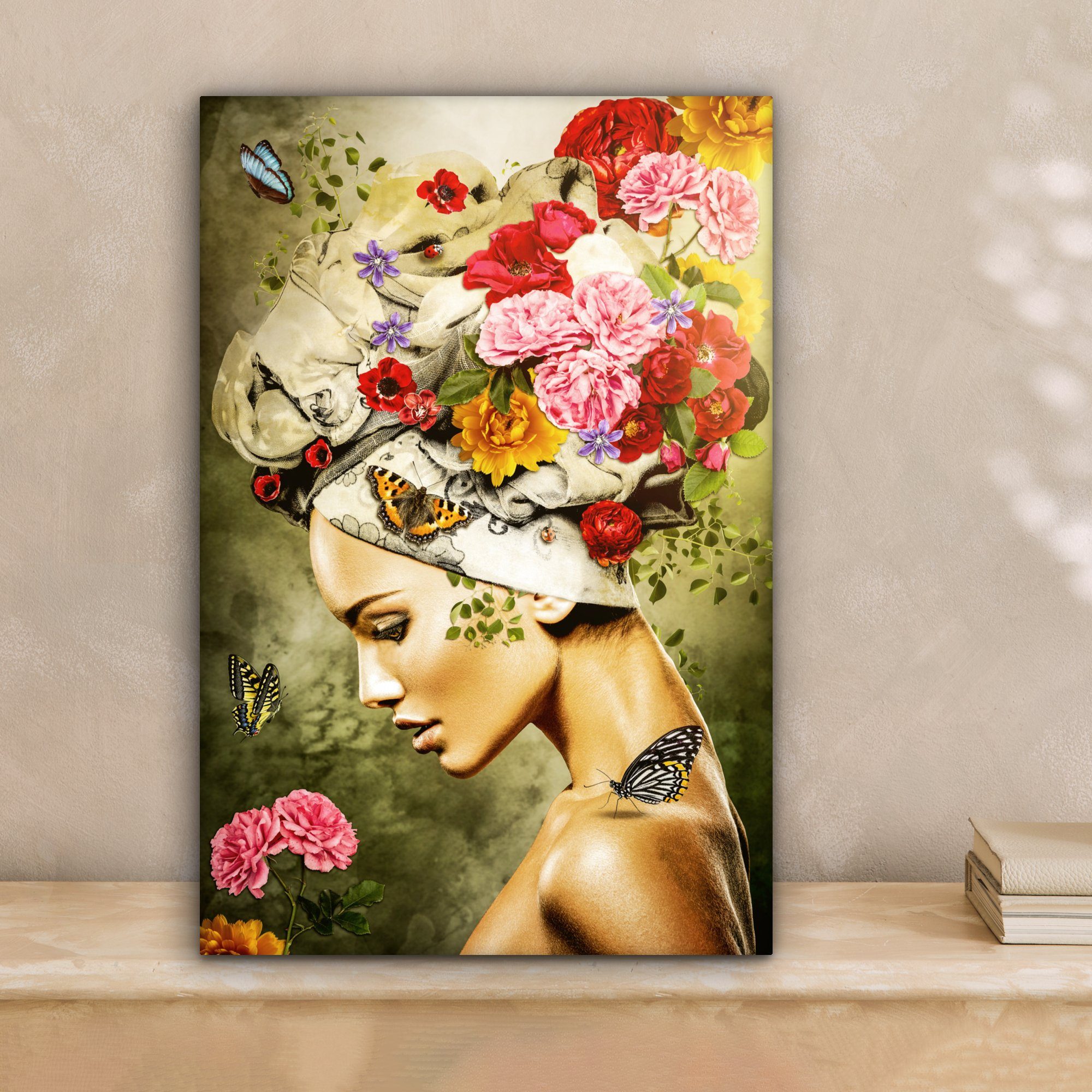 OneMillionCanvasses® Leinwandbild Frau - Blumen - Farben - Schmetterlinge - Rosen - Kopftuch, Fotodruck (1 St), Leinwand Canvas Wandbild, Wanddekoration 20x30 cm