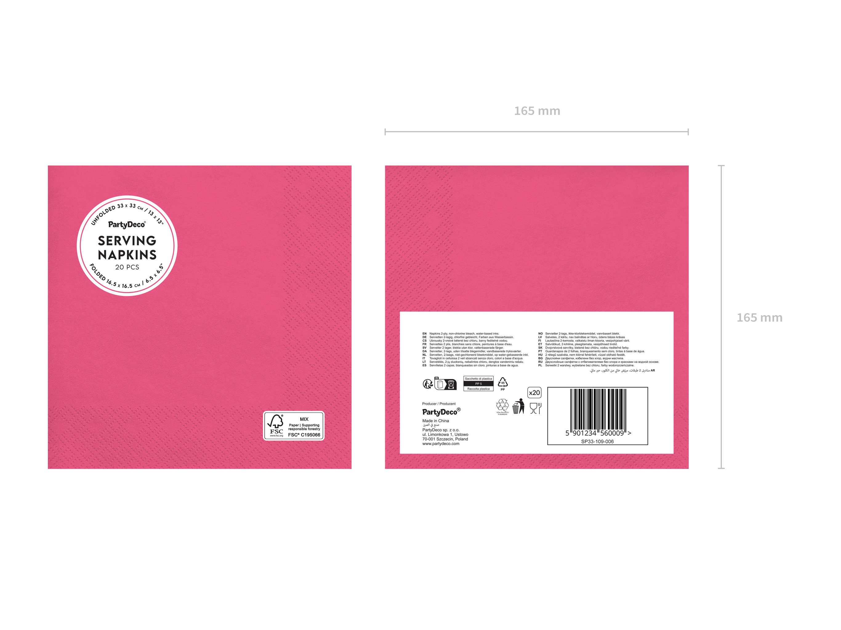 partydeco Papierserviette, Servietten Papier 33x33cm 2-lagig 20 Stück Pink