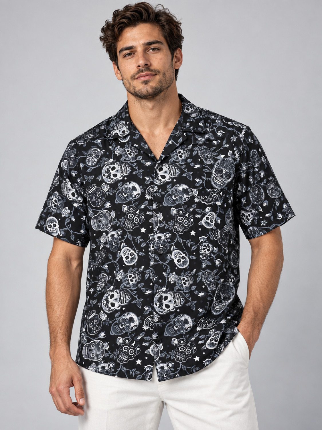 King Kameha Hawaiihemd "Skull" Funky Hawaii-Hemd Herren Kurzarm Front-Tasche Stylish – Bild 3 von 5