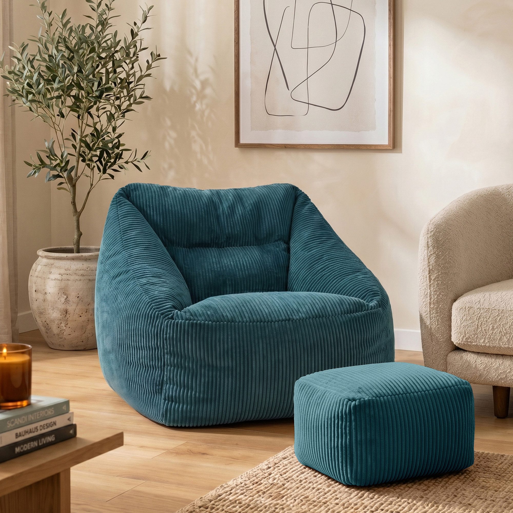 icon Sitzsack Riesen Sessel aus Cord Flauschig „Natalia" mit Hocker (Spar-Set, 1 x Sitzsack-Sessel, 1 x Fußhocker), Sitzsack XXL, Made in Germany, für Erwachsene & Kinder, für Wohnzimmer