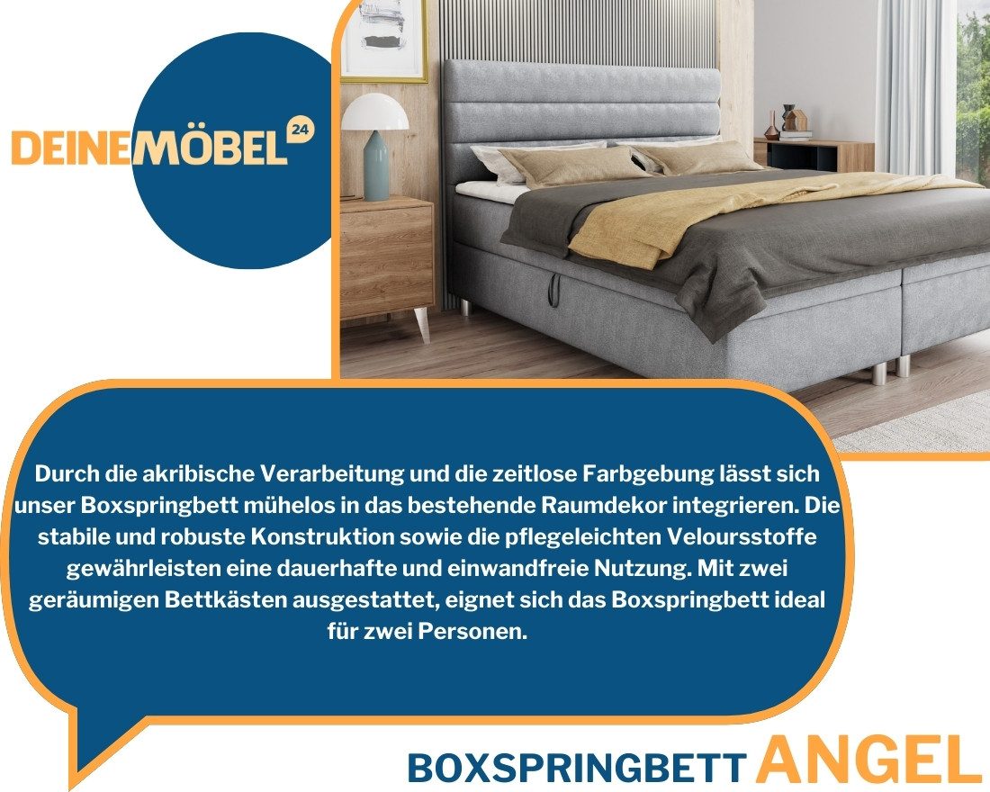Deine Möbel 24 Boxspringbett ANGEL 120x200 140x200 160x200 180x200 200x200 (inkl. Bonellfederkernmatratzen H3 Taschenfederkernmatratzen H4 Matratzen H3 H4 zur Auswahl, Bett mit Matratzen, Topper und zwei Bettkästen), mit Topper und Bettkästen, Komplettbett Polsterbett Hotelbett